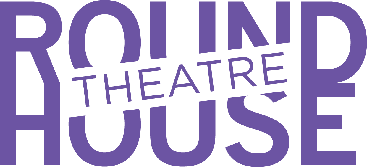 Purple text with words "Round House Theater" in large capital letters, with "Theatre" written diagonally across the middle.