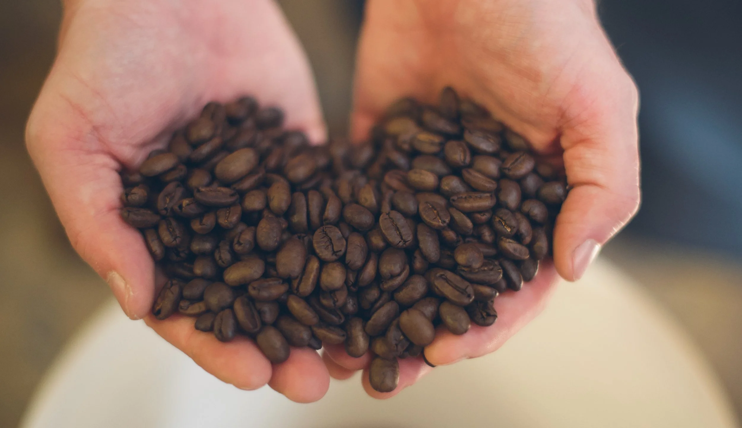 Hands holding a pile of Dell's roasted coffee beans from his Crossroads Coffee brand.