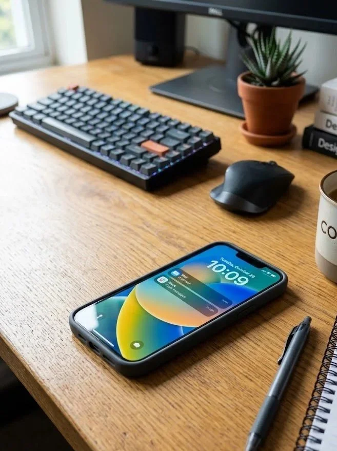 Wooden desk holding a smartphone, computer keyboard, mouse, spiral notebook, pen, potted plant, cup, and a computer monitor in the background.