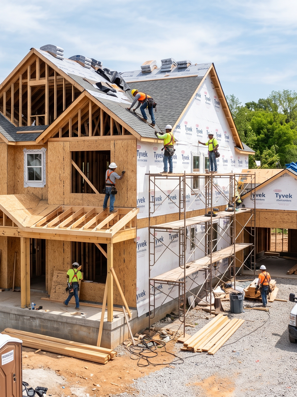 Construction workers building a house, some installing roof shingles and others working on the walls, scaffolding and construction materials visible.