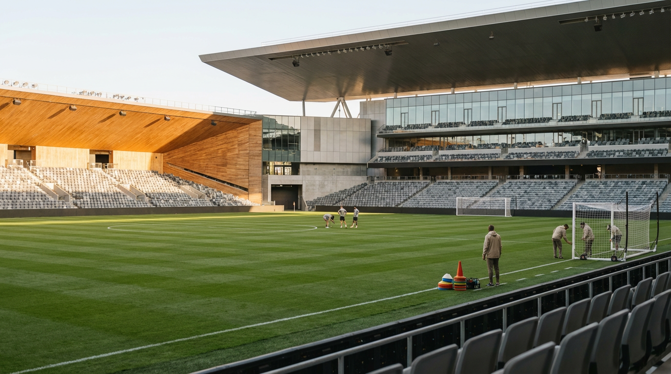 Empty stand and pitch at a football stadium before kickoff