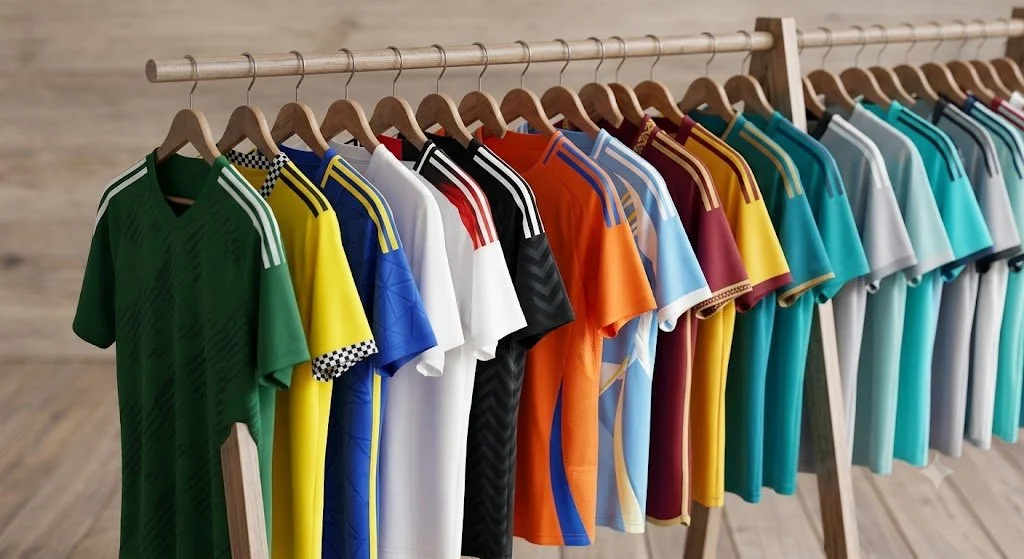 Rack of licensed sports shirts on hangers
