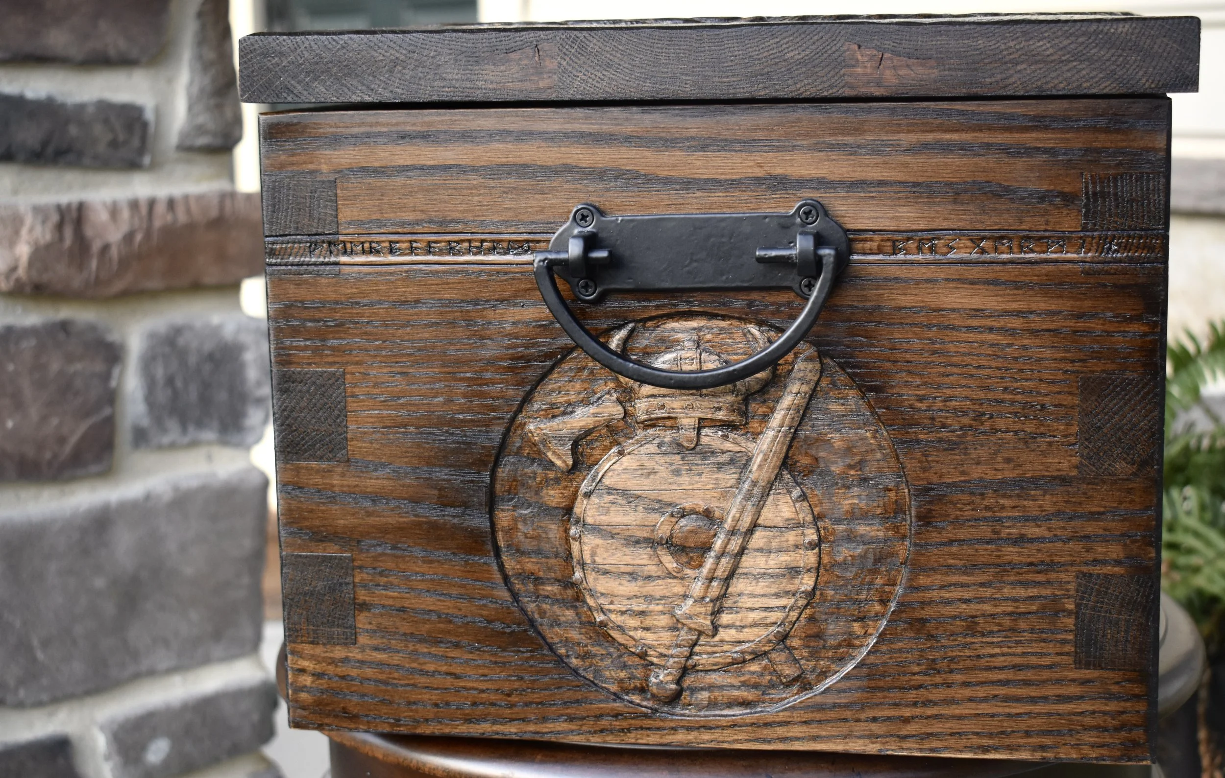 Side Panel - 'Courage and Protection' - Viking Wedding Chest in Oak (sold)
