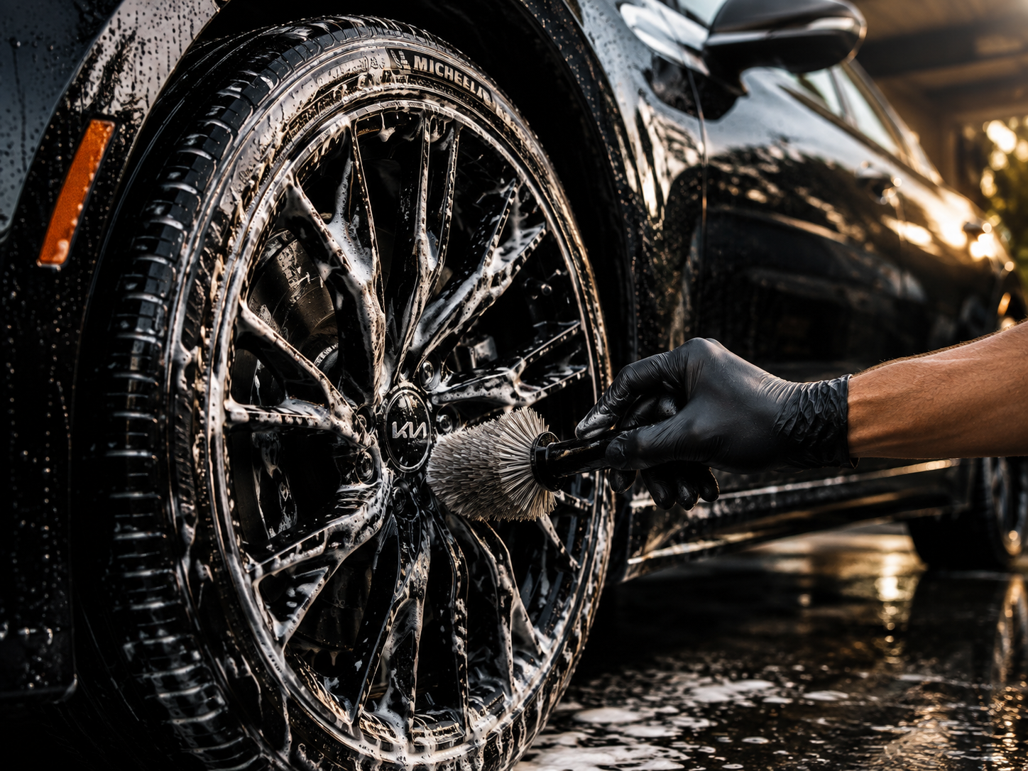 A person wearing black gloves is washing a black car with a brush at a car wash station. The car is covered in soap suds, and the focus is on the wheel and tire.
