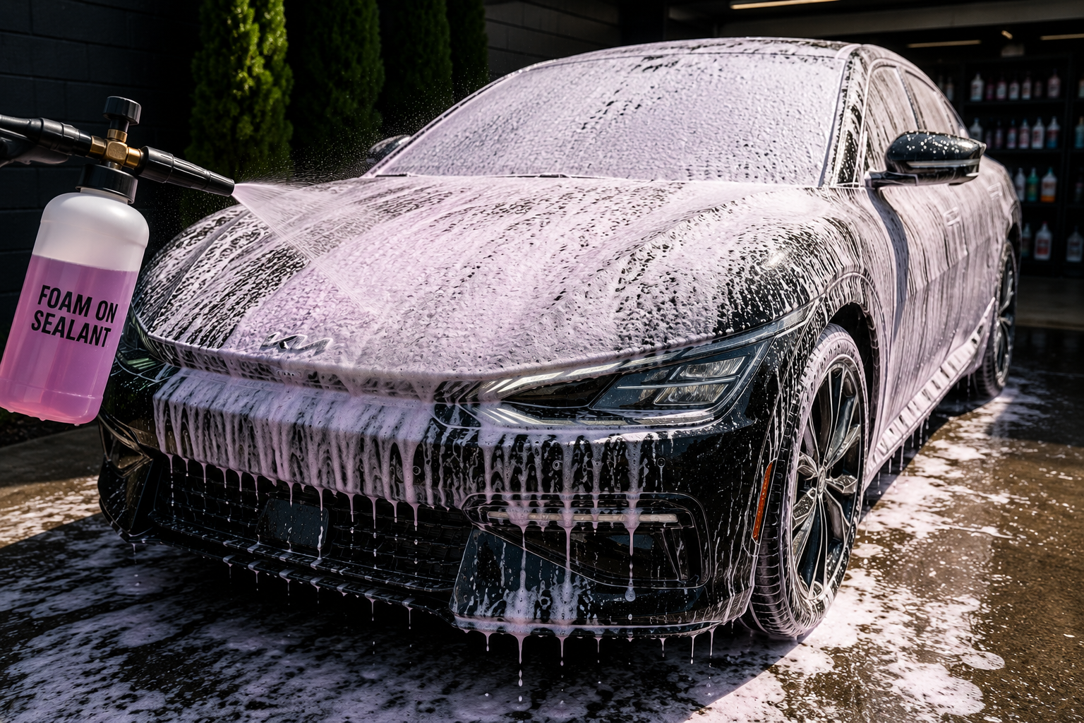 Black car being washed with soap and foam using a foam gun spray.