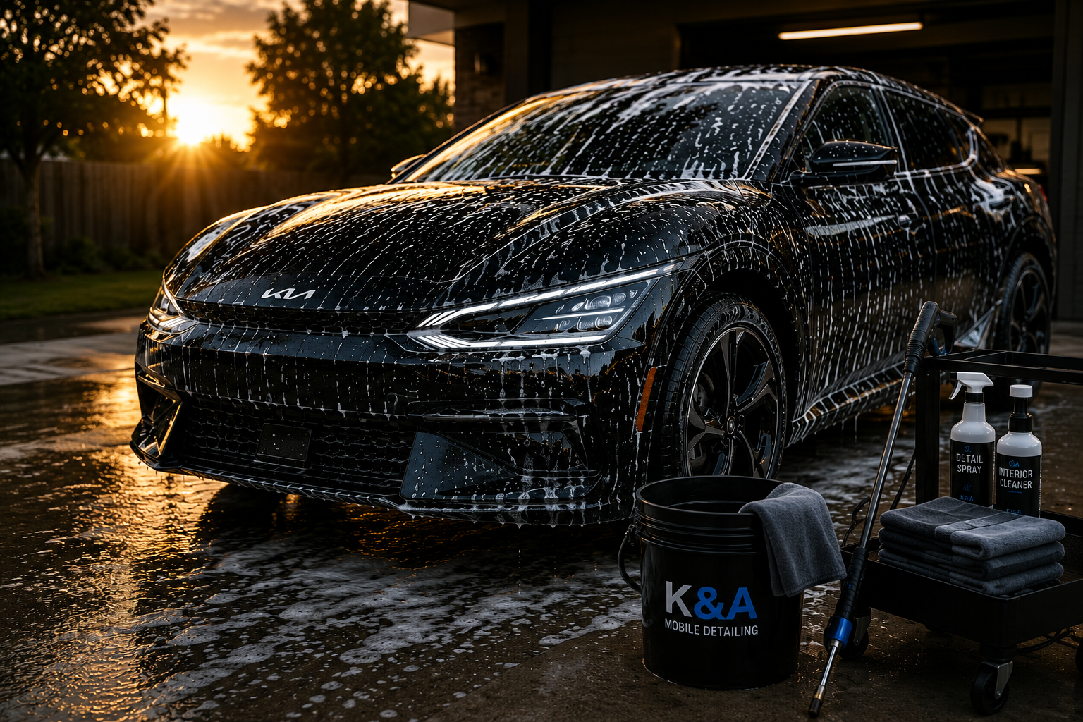 A black car being washed, covered in soap suds, with cleaning supplies and towels nearby, during sunset.