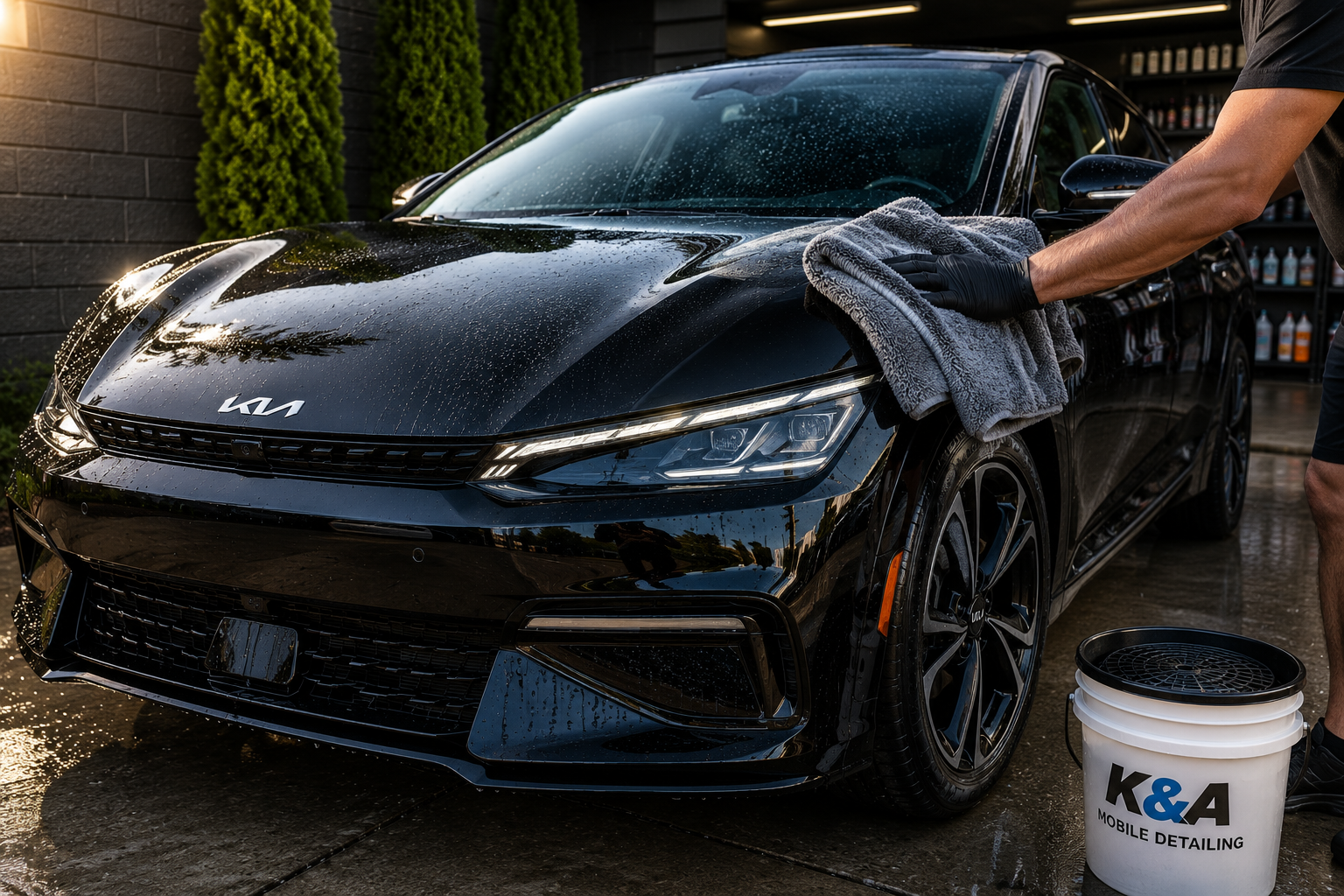 Person washing a black Kia car with a towel at a car wash station.