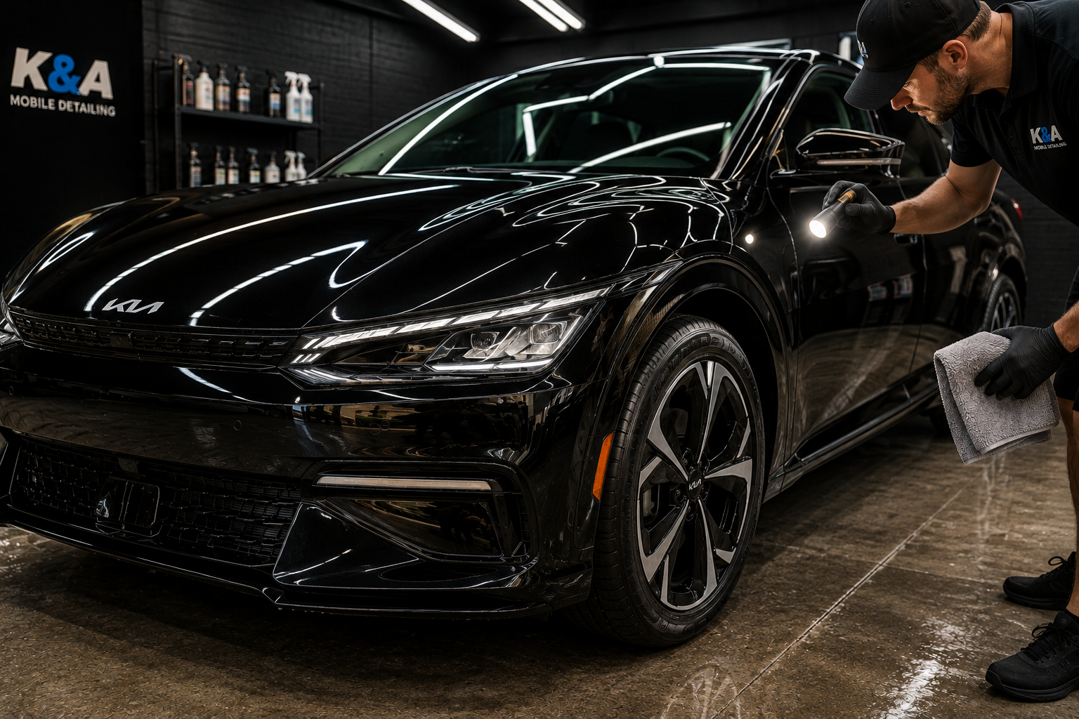 A professional detailer cleaning a black car inside a detailing shop using a flashlight and cloth.