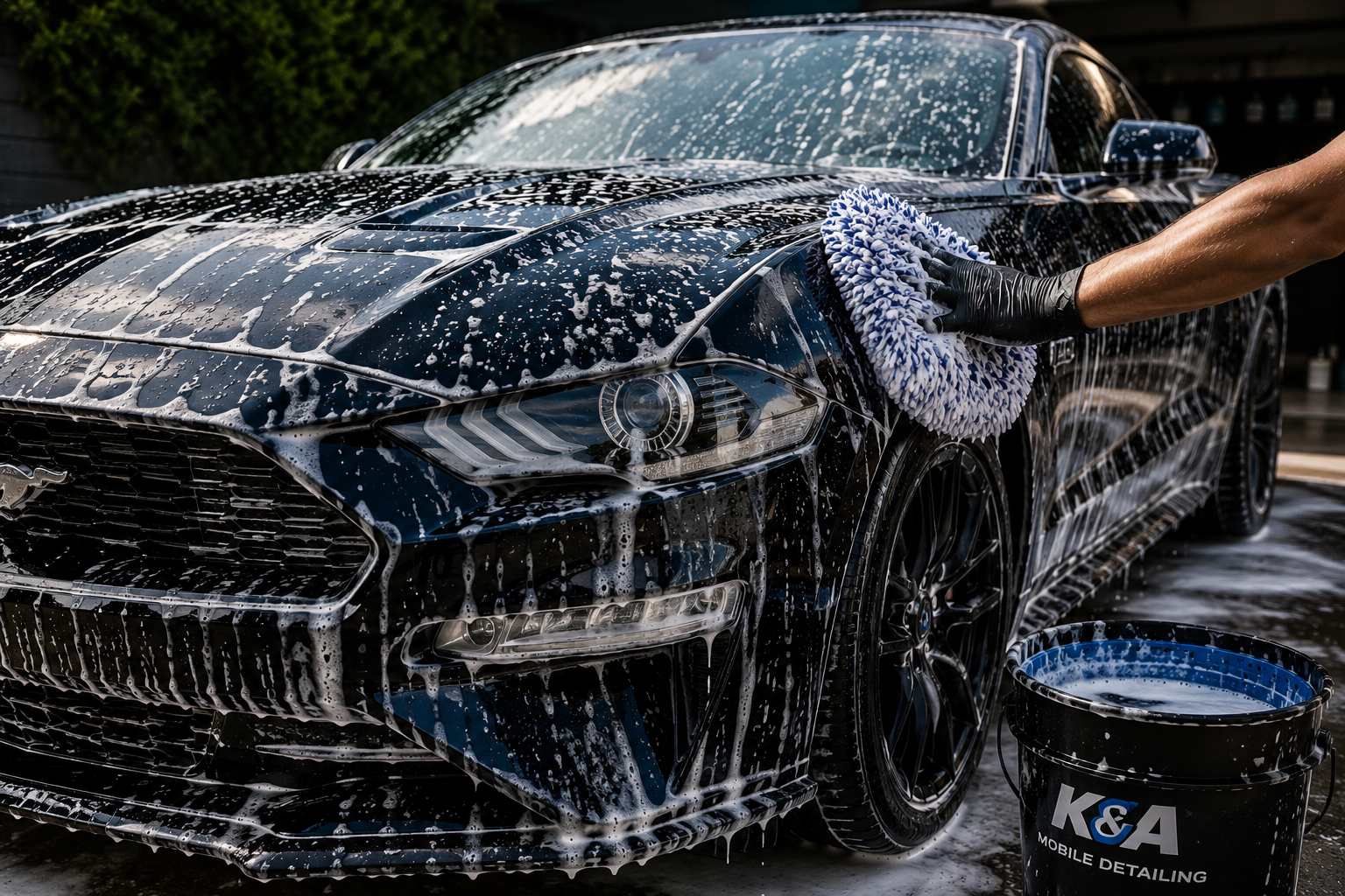 Person washing a black sports car with a sponge and soap, using a bucket of water labeled 'K&A Mobile Detailing'.