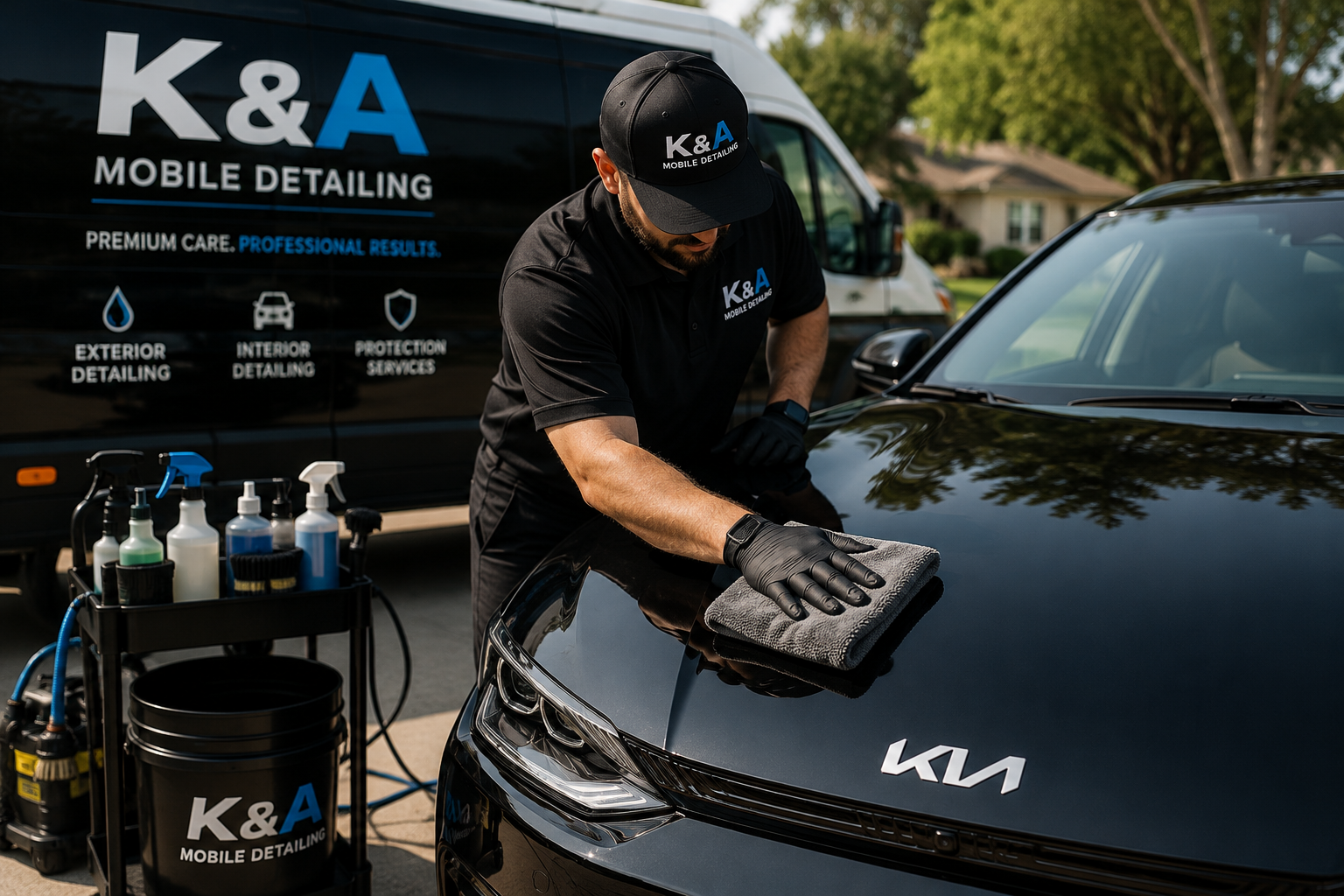 A man cleaning the hood of a black Kia car with a microfiber cloth during a mobile detailing service, with a K&A Mobile Detailing van in the background.
