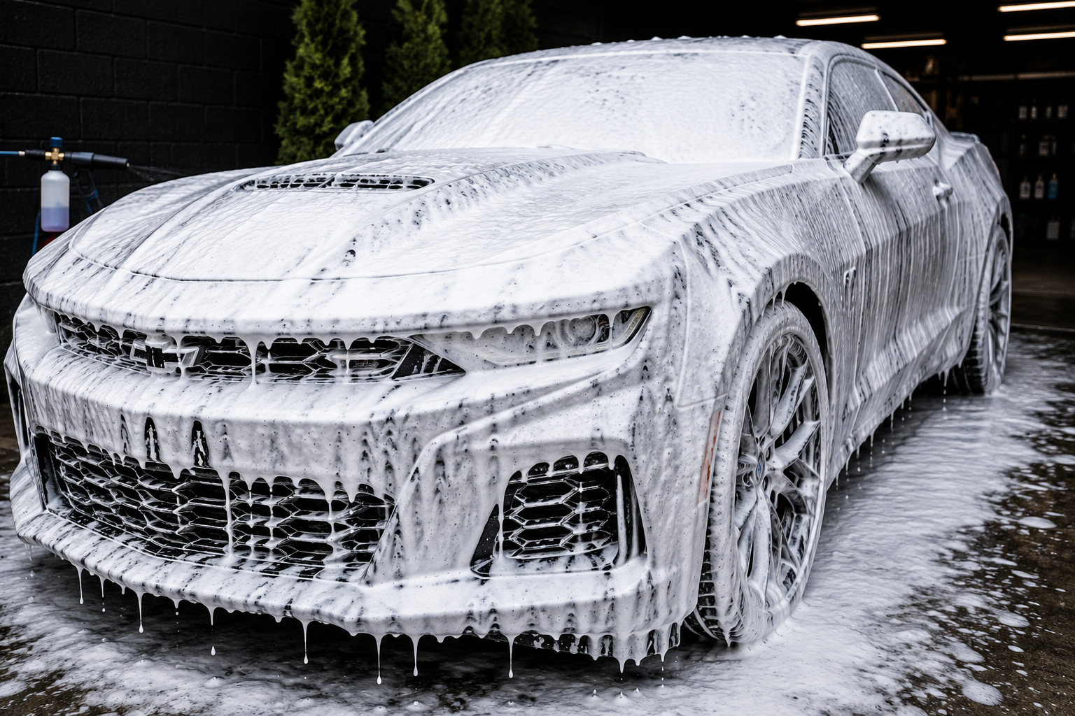 A silver sports car covered in white soap suds during a wash. The vehicle is outdoors, with water on the ground and a dark background.