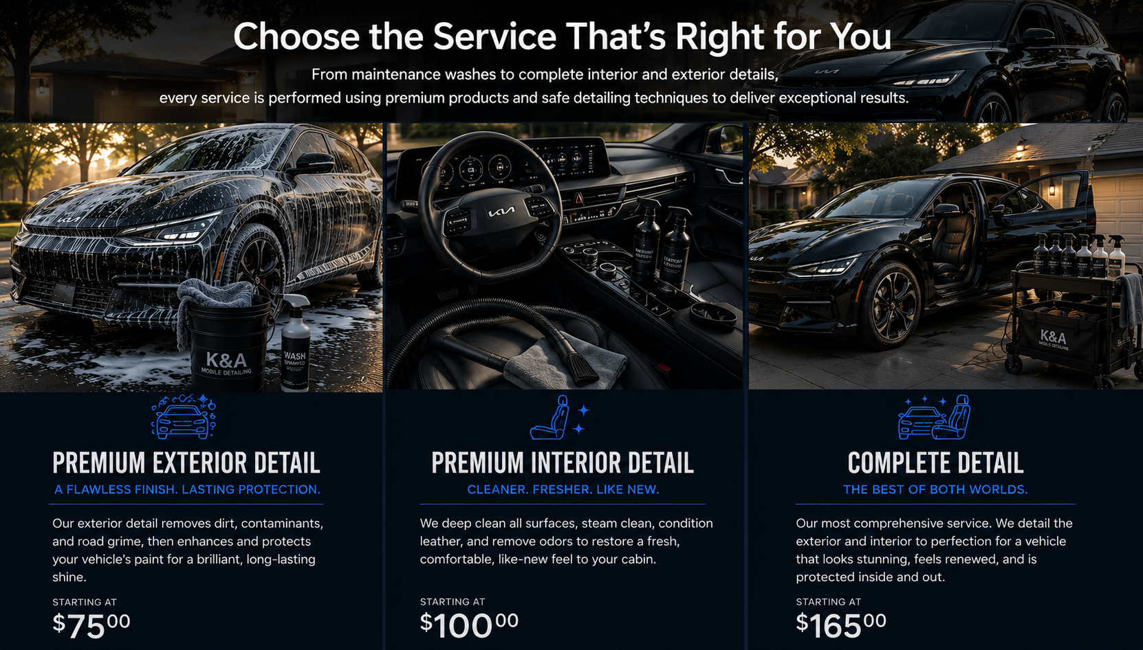A promotional webpage for car detailing services with three sections: exterior, interior, and complete detail. The exterior detail shows a black car being washed with soap suds and cleaning supplies. The interior detail displays a clean, modern car interior with cleaning bottles. The complete detail combines both, featuring a black car with open door. Each section highlights benefits and starting prices.