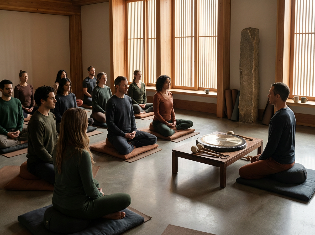 Group of people participating in a meditation class in a serene, wooden-floored room with large windows, seated on cushions in a cross-legged position facing an instructor, with meditation instruments on a low table in front.
