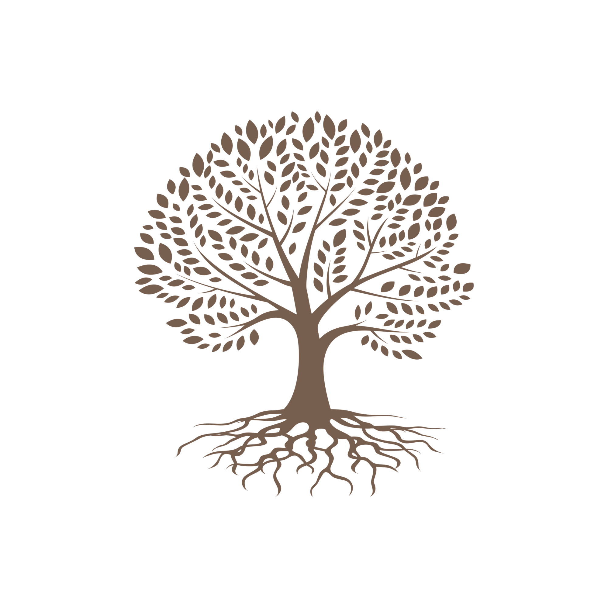 Stylized tree with brown trunk and branches, and many small brown leaves on a black background.