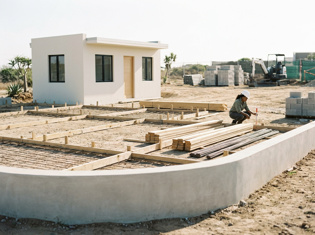 Construction site with a woman in a hard hat measuring a wooden plank in front of a small white house being built, surrounded by construction materials and equipment.