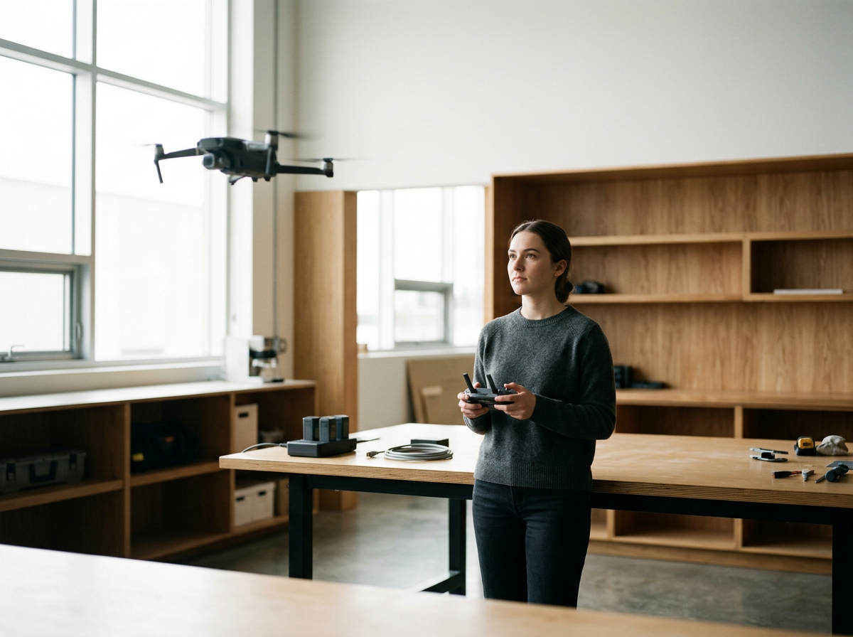 A woman in a gray sweater stands in a modern, well-lit room with a drone flying nearby. She holds a remote control and looks at the drone as it hovers in the air. The room has large windows, wooden shelves, and a table with various tools and equipment.