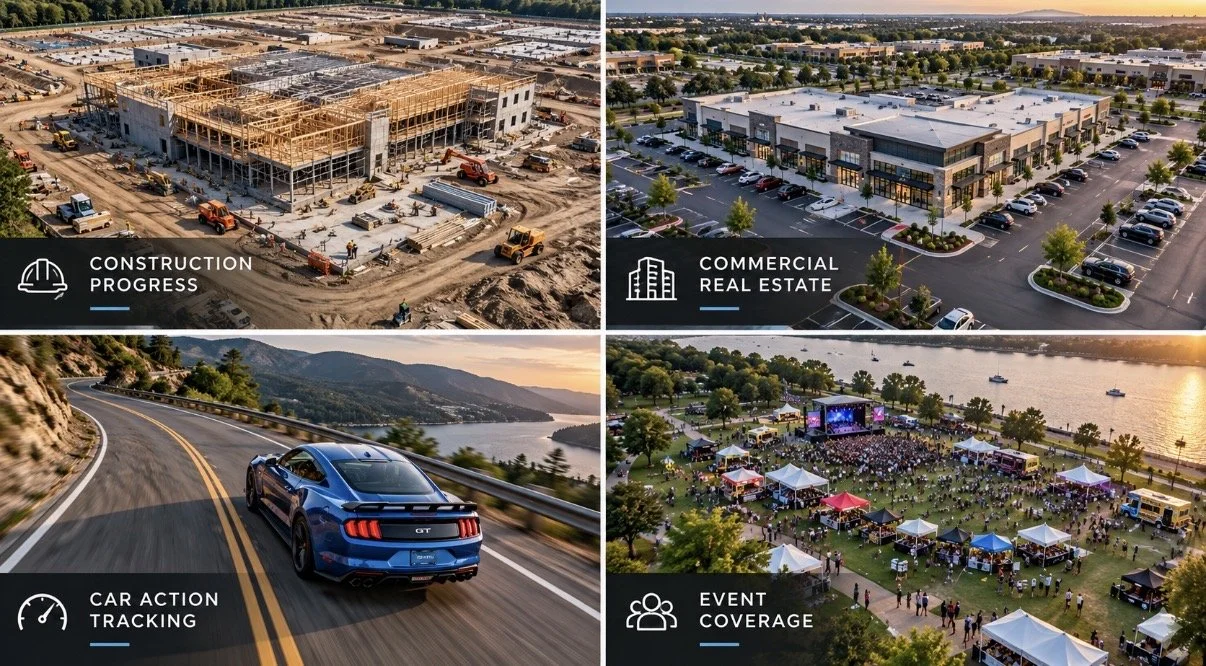 Collage of four images showing different scenes: a construction site with building frame and machinery, a commercial real estate shopping center parking lot, a blue car driving on a mountain road near a lake during sunset, and an outdoor event with tents, stage, and people near a body of water at sunset.