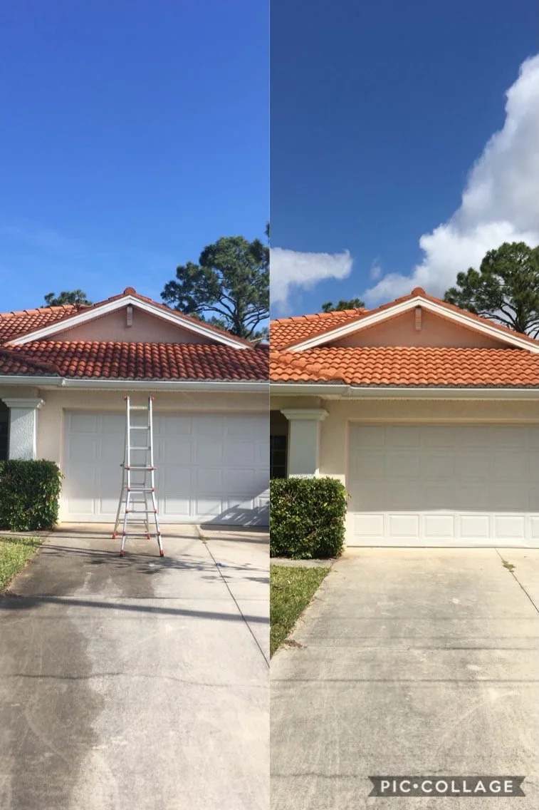 Side-by-side collage of a house with a red tile roof, showing a clear sky with some clouds. The left side has a ladder in front of a closed garage door, with a shadow cast on the driveway. The right side shows the same house without the ladder, and the sky with more clouds.