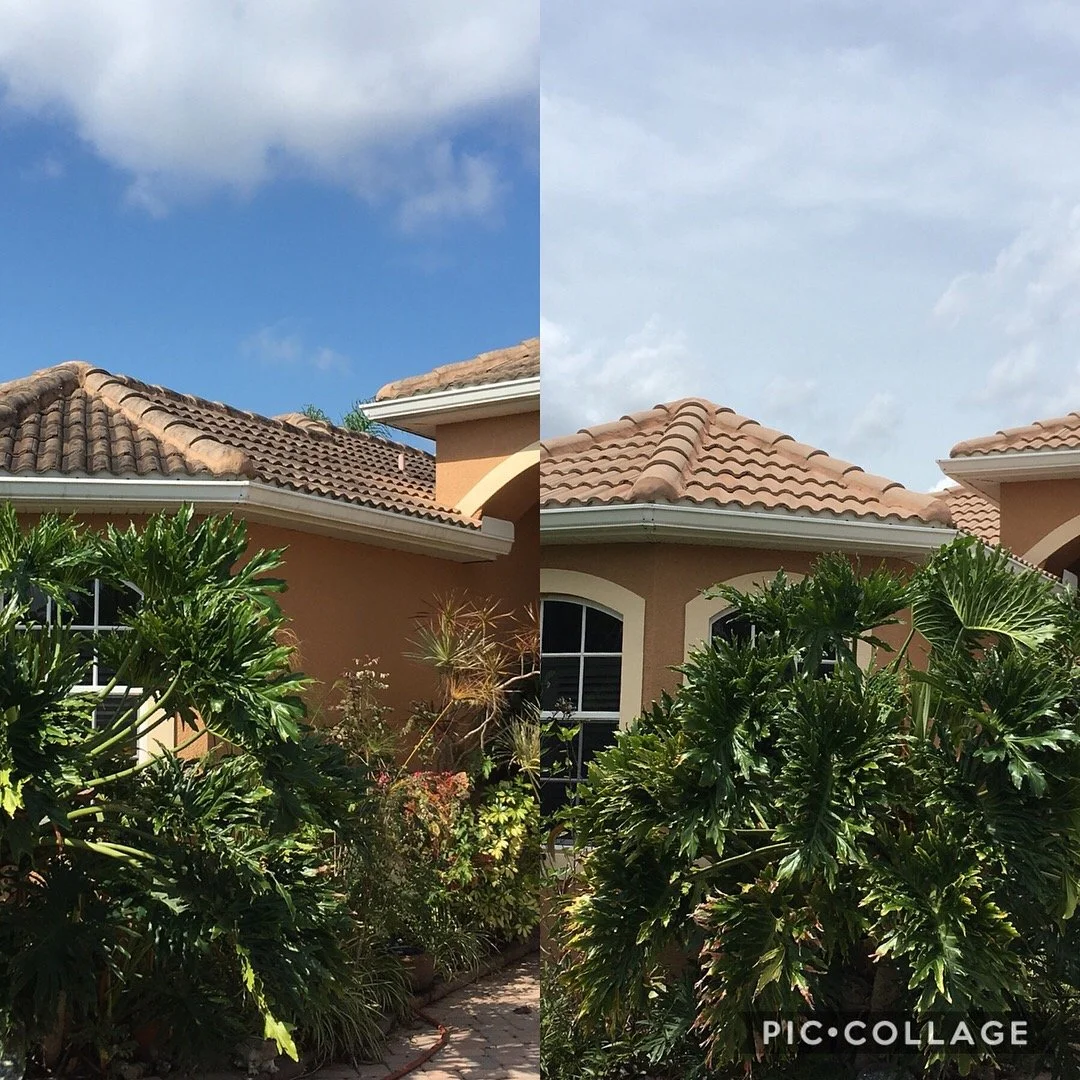 Side-by-side comparison of house exterior with a tiled roof and lush greenery in front, showing before and after image filters, with clouds visible in the sky.