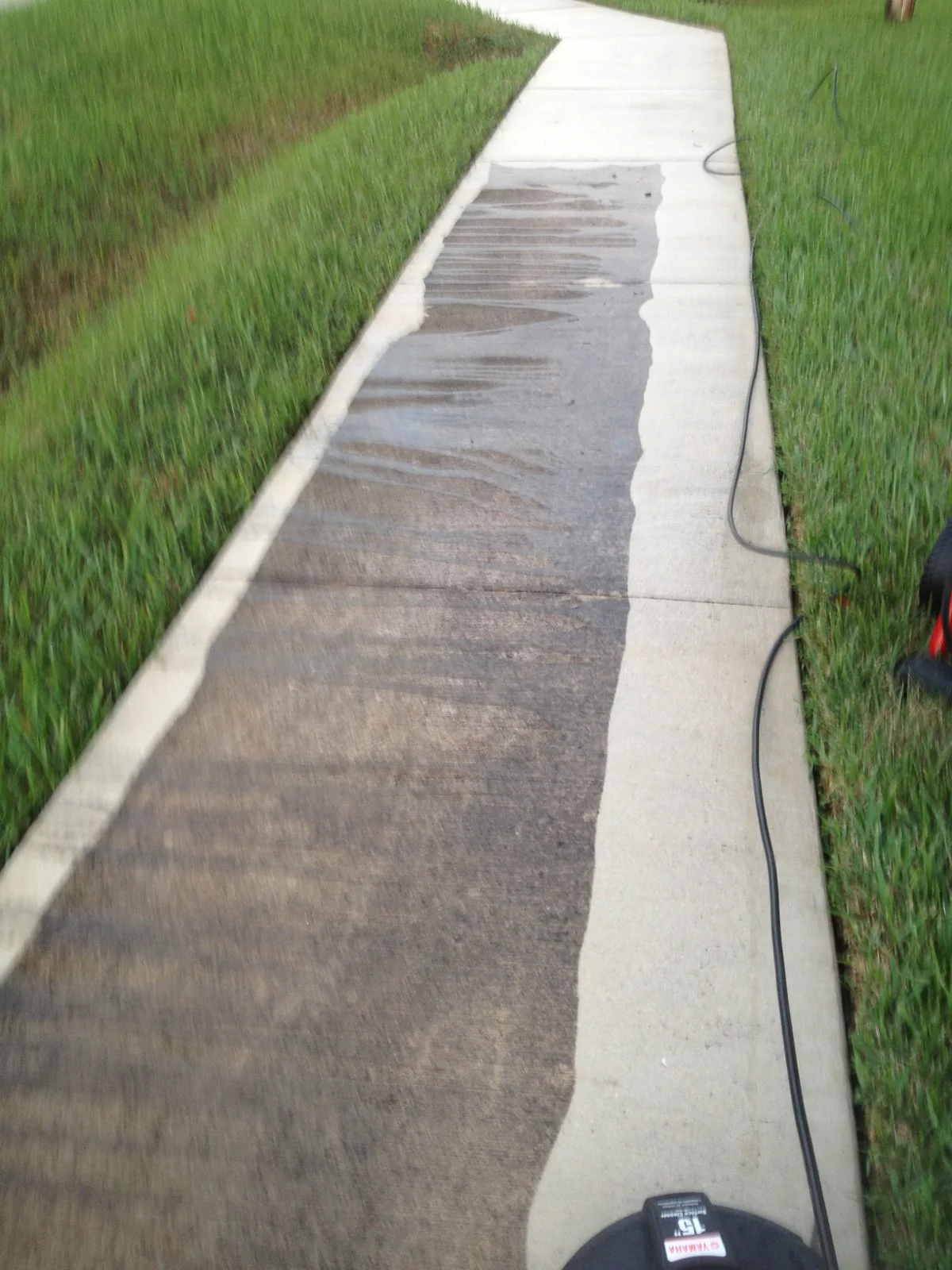 A concrete sidewalk being pressure washed with water, with a green grassy lawn on either side. A black pressure washer hose and a part of a pressure washer machine are visible on the right and bottom of the image.