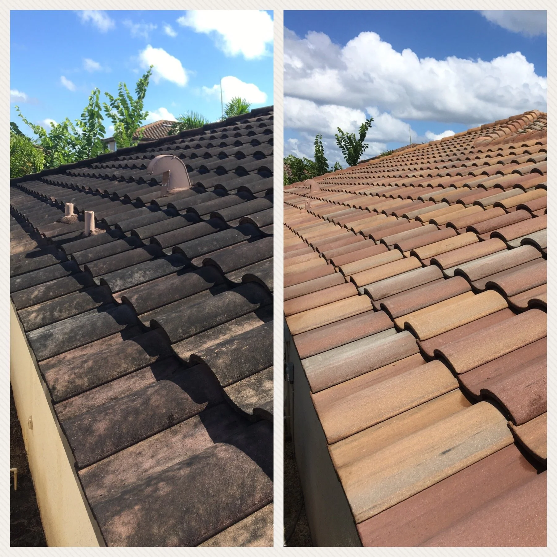 Comparison of two roof tiles, with the left side showing dark, aged tiles and the right side showing new, light-colored tiles, against a background of blue sky and clouds.
