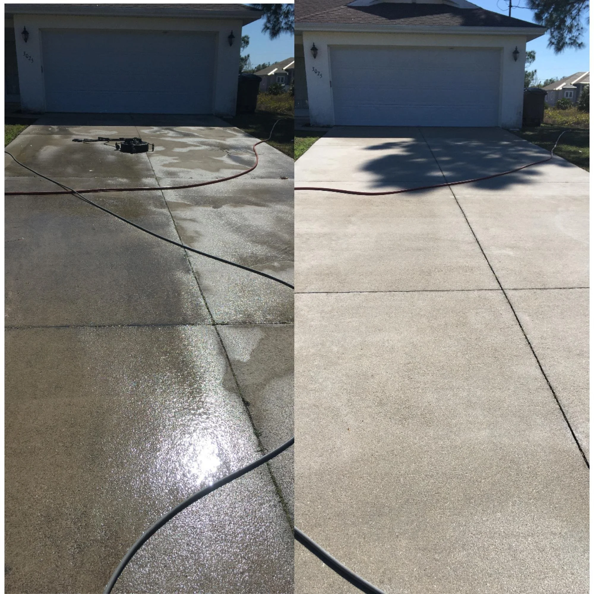 Side-by-side comparison of a garage with a concrete driveway before and after cleaning; the left side shows a dirty wet surface with cleaning tools, and the right side shows a clean, dry surface.