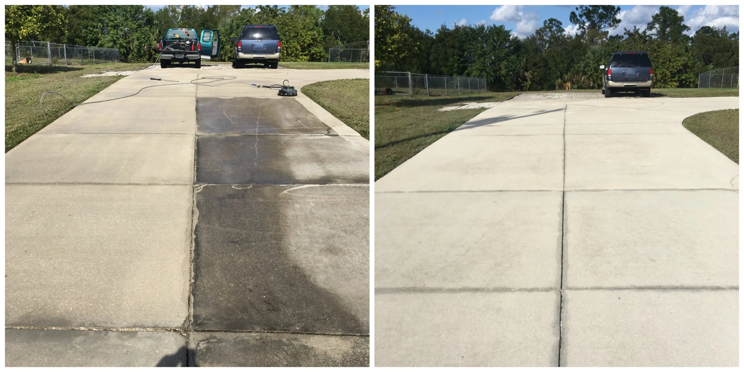 Comparison of a dirty, stained concrete driveway on the left, and a clean, freshly cleaned concrete driveway on the right.