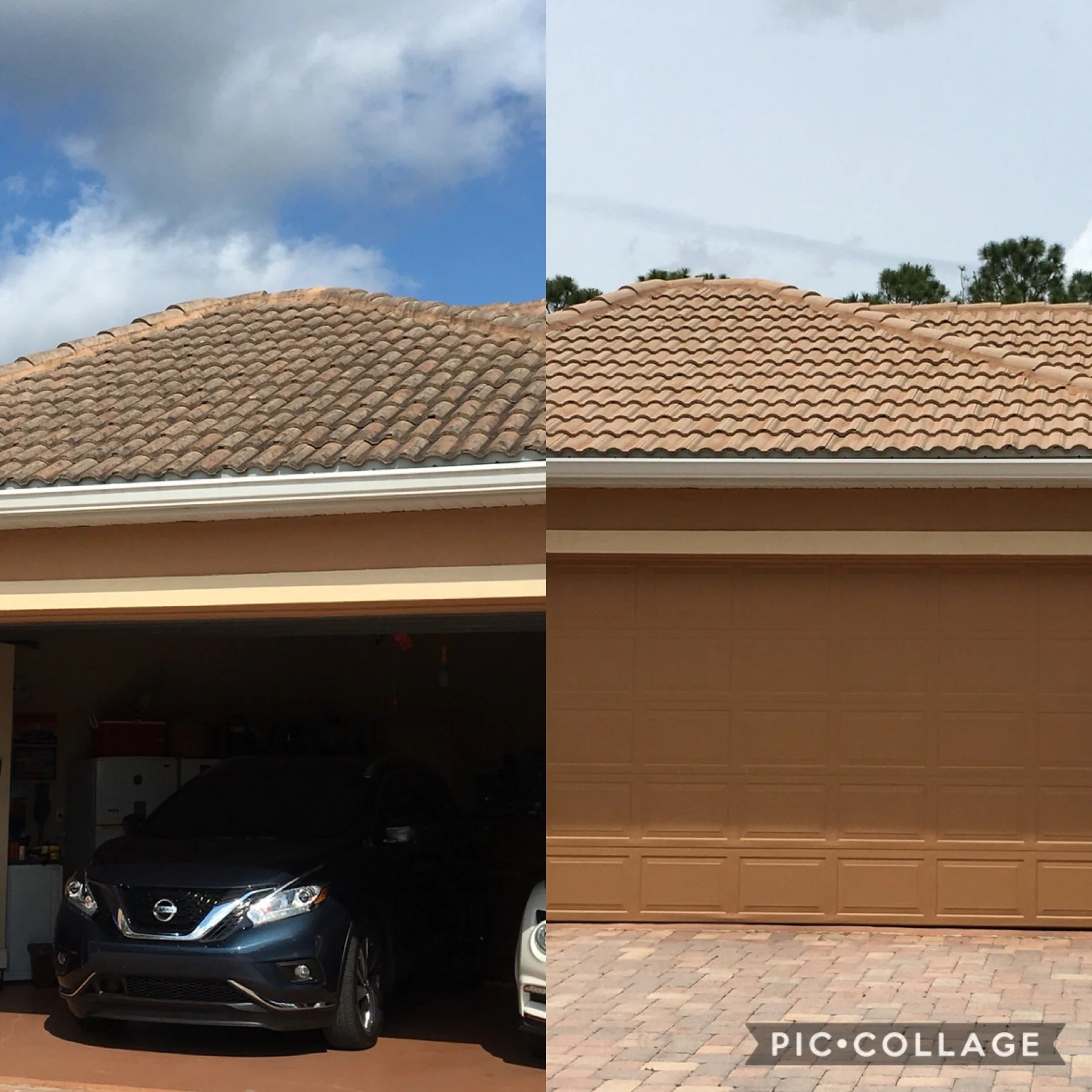 Comparison of a house roof before and after cleaning: left side shows a roof with moss and dirt, right side shows a clean, bright roof.