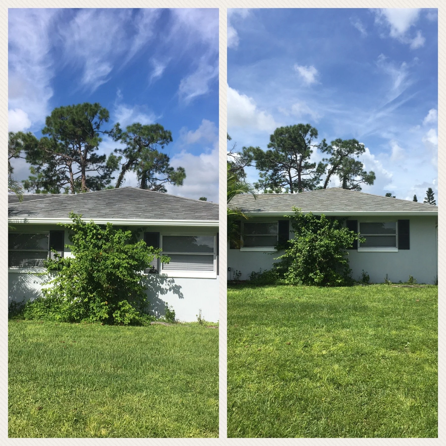 Comparison of two similar images showing the exterior of a house with a gray shingle roof, trees, and green grass under a partly cloudy sky.