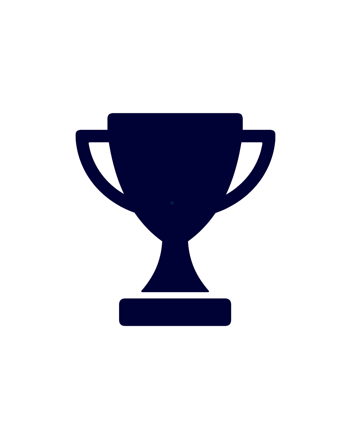 A dark blue silhouette of a trophy cup with a small dot in the center.