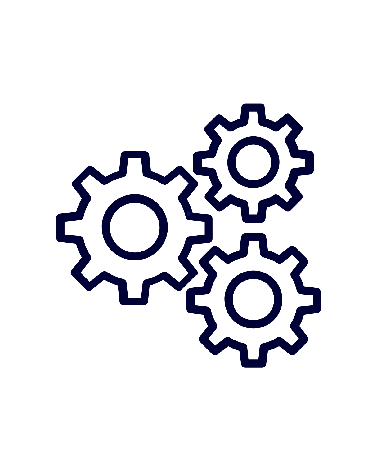 Outline of three interconnected dark blue gears on a black background.