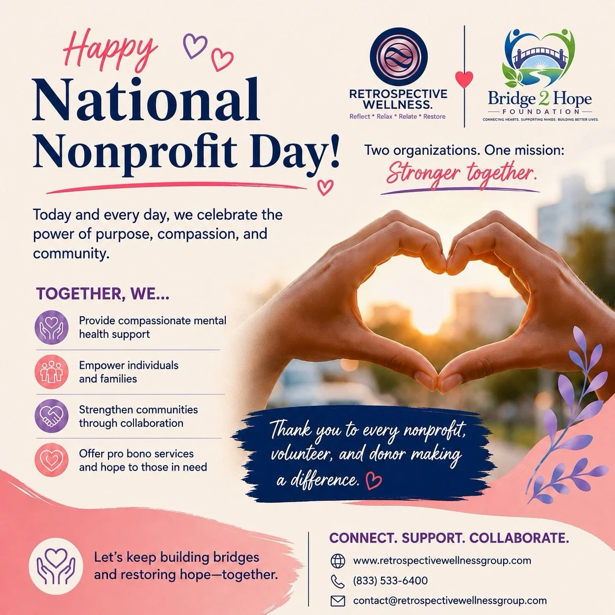 Happy National Nonprofit Day! 💗

Today, we celebrate the nonprofits, volunteers, donors, and community partners who turn compassion into meaningful action.

Retrospective Wellness and Bridge 2 Hope Foundation are proud to stand together&mdash;suppor