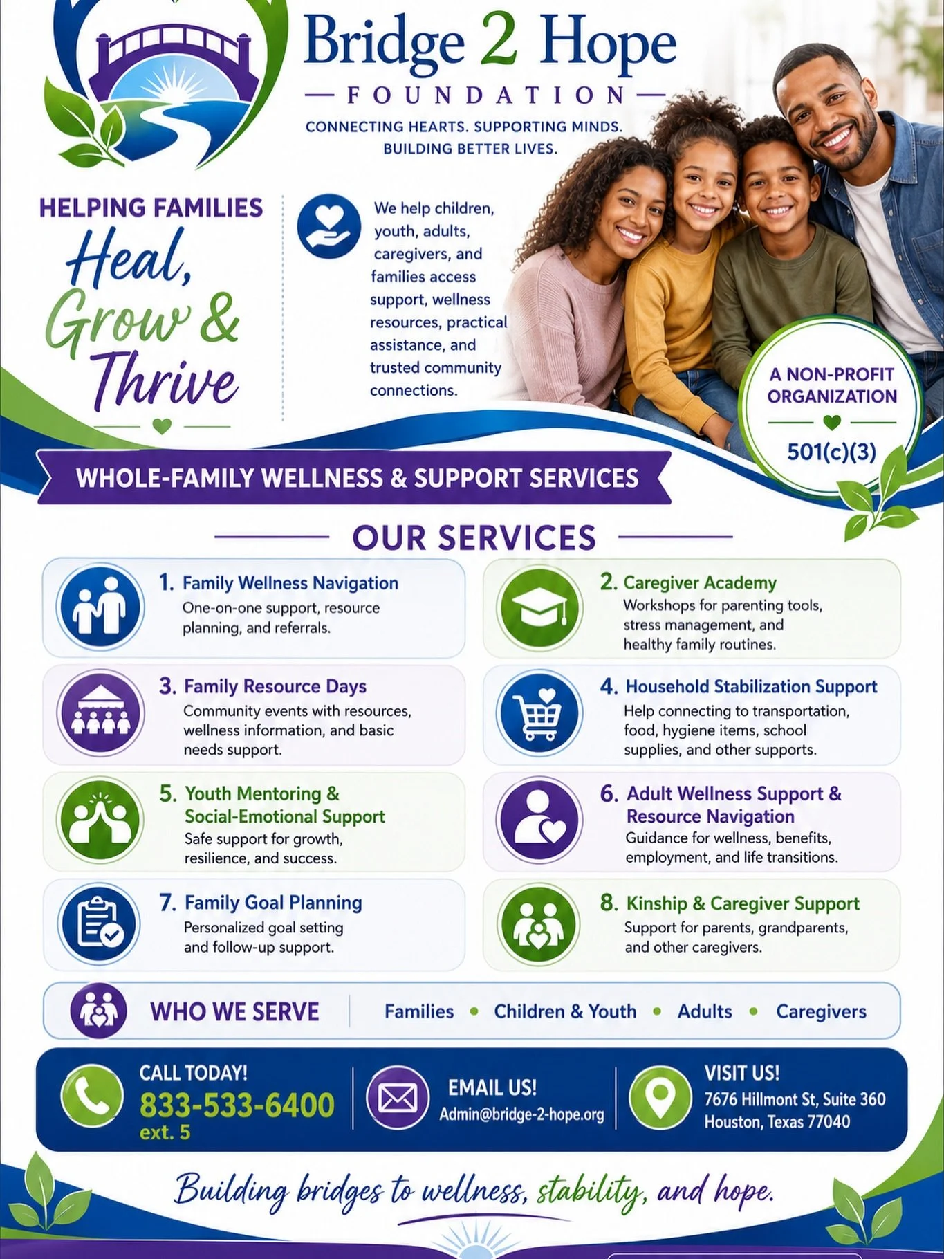 Welcome to Bridge 2 Hope Foundation!💜💙🤍💚

Hope begins with connection. Healing begins with support.

We are excited to introduce Bridge 2 Hope Foundation, a 501(c)(3) nonprofit organization dedicated to connecting children, youth, adults, caregiv