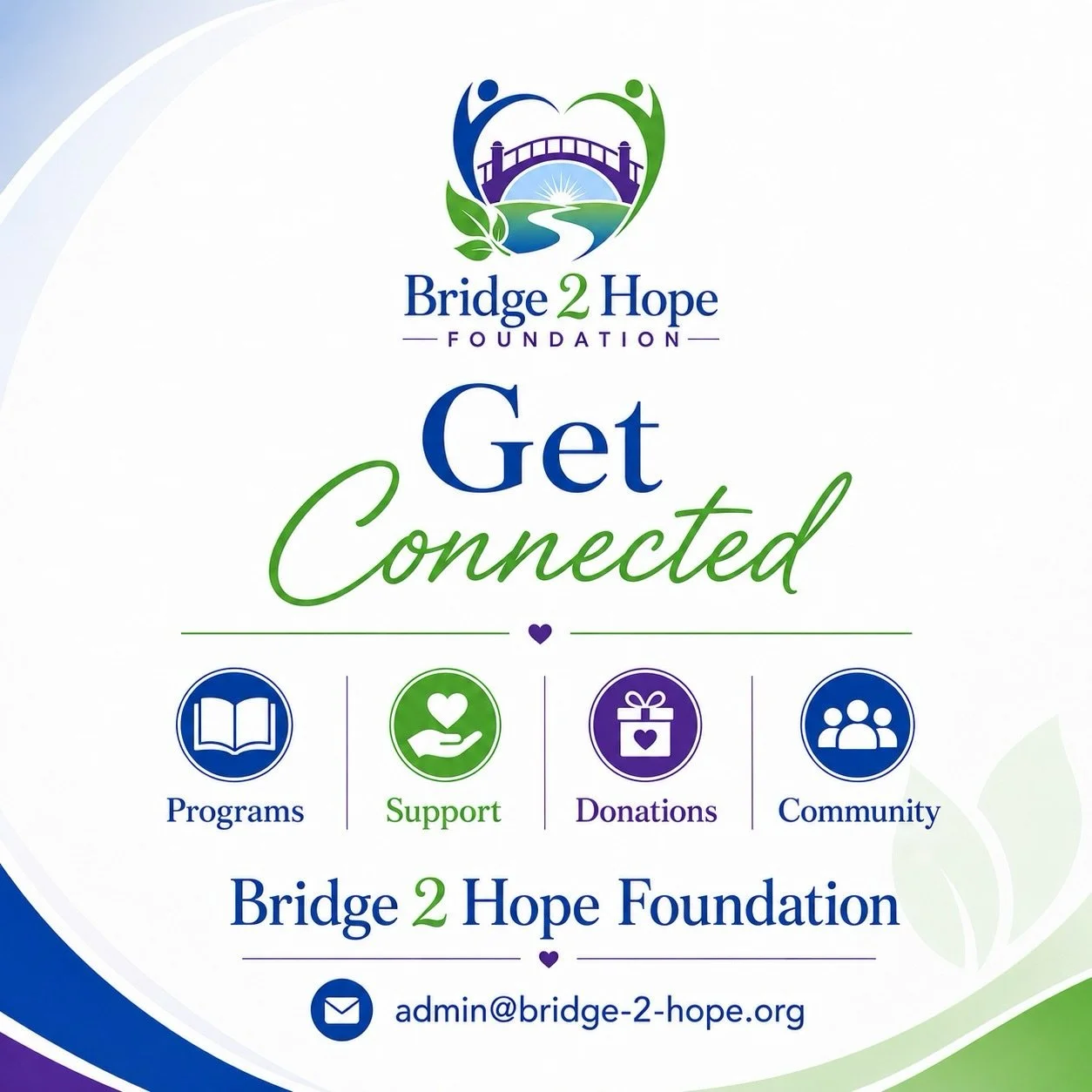 Bridge 2 Hope Foundation is growing, and we are excited to connect with individuals, families, community partners, volunteers, and supporters. 🤝

Whether you want to learn more, support our mission, or stay updated on future programs, we invite you 