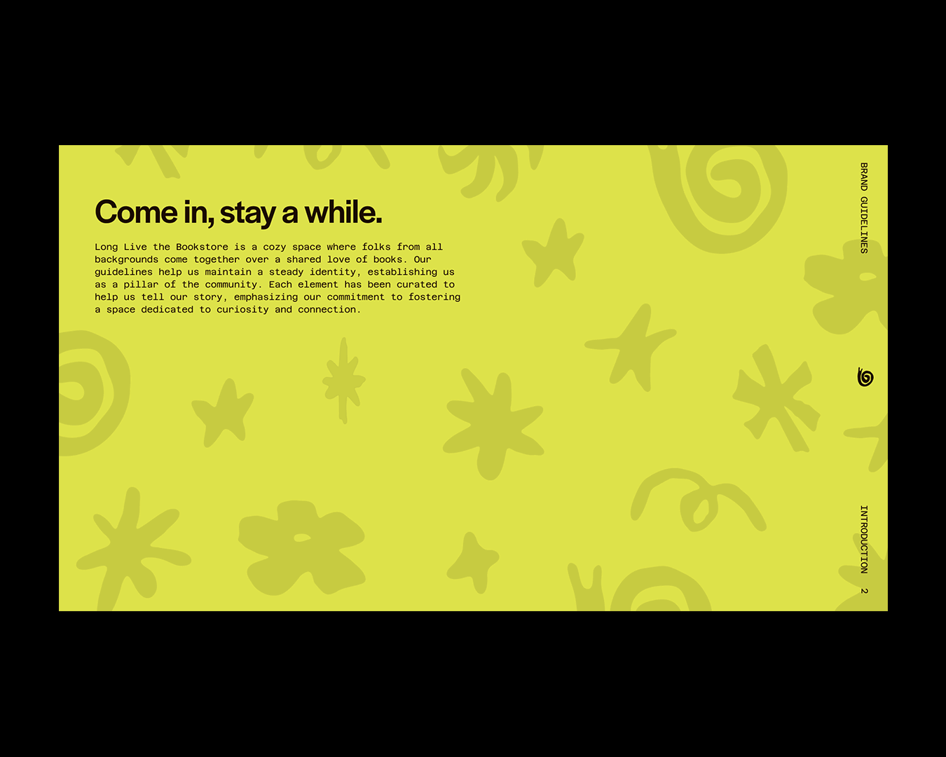 A bright yellow page with black and green text, titled 'Come in, stay a while.' The background has various abstract green shapes and symbols.