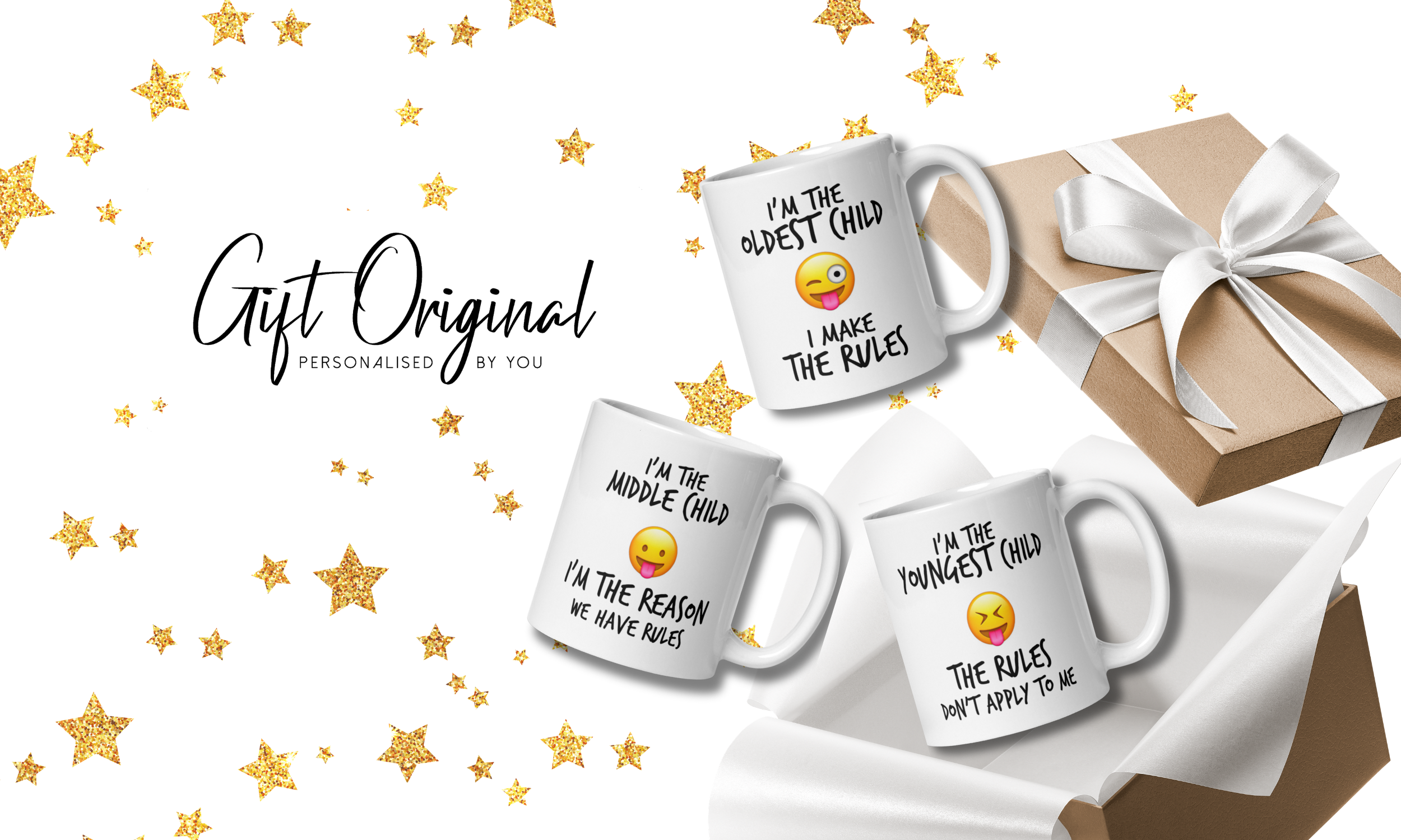 A gift set featuring three white coffee mugs with humorous quotes and emoji, paired with a wrapped gift box tied with a white satin ribbon, and decorated with gold glittery stars. Gift Original Case Study.