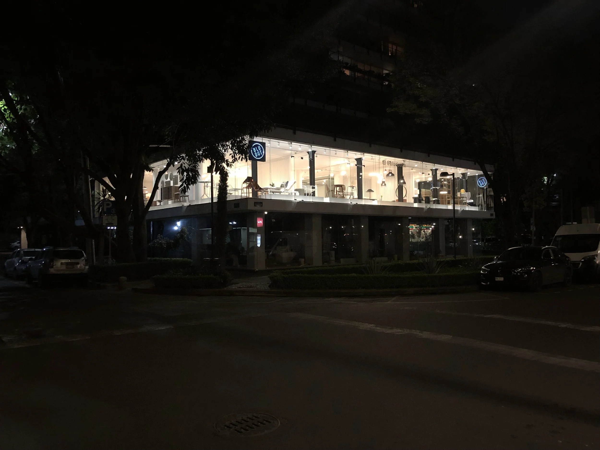 Fachada de una tienda con iluminación interior visible desde afuera, llamada 'Blu Dot', en la noche, rodeada de árboles y vehículos estacionados.