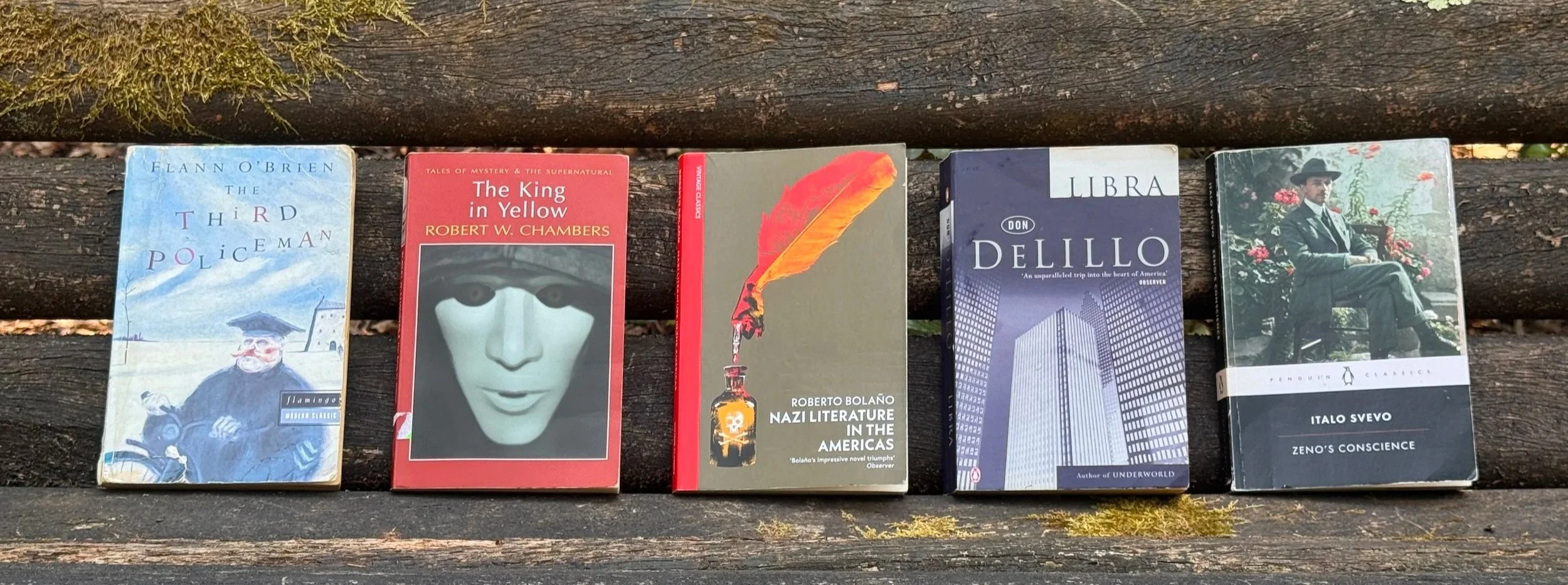 Five books placed on a wooden bench outdoors, with moss growing on the wood. The books are titled 'The Third Policeman,' 'The King in Yellow,' 'Nazi Literature in the Americas,' 'Libra,' and 'Zeno's Conscience'.