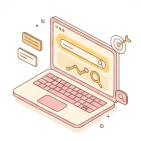 Illustration of a laptop displaying a search engine with a magnifying glass icon and a rising graph, with speech bubbles and location pin icons around it.