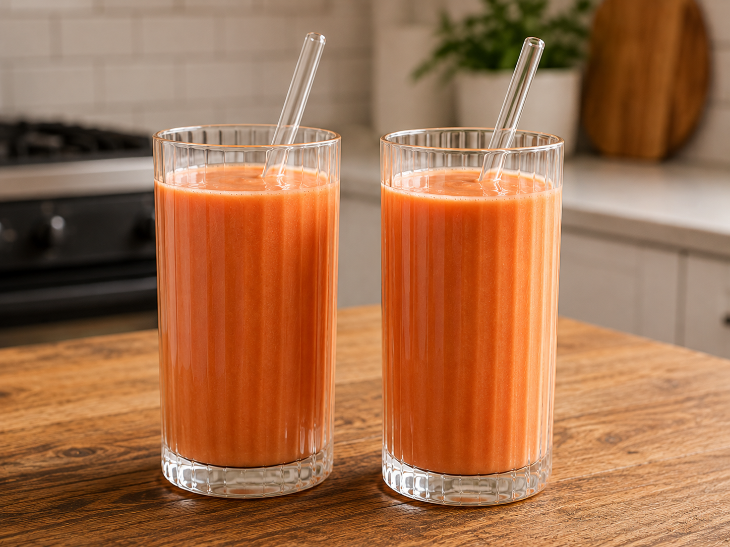 Two tall glasses of orange smoothie with clear straws on a wooden table in a kitchen setting.