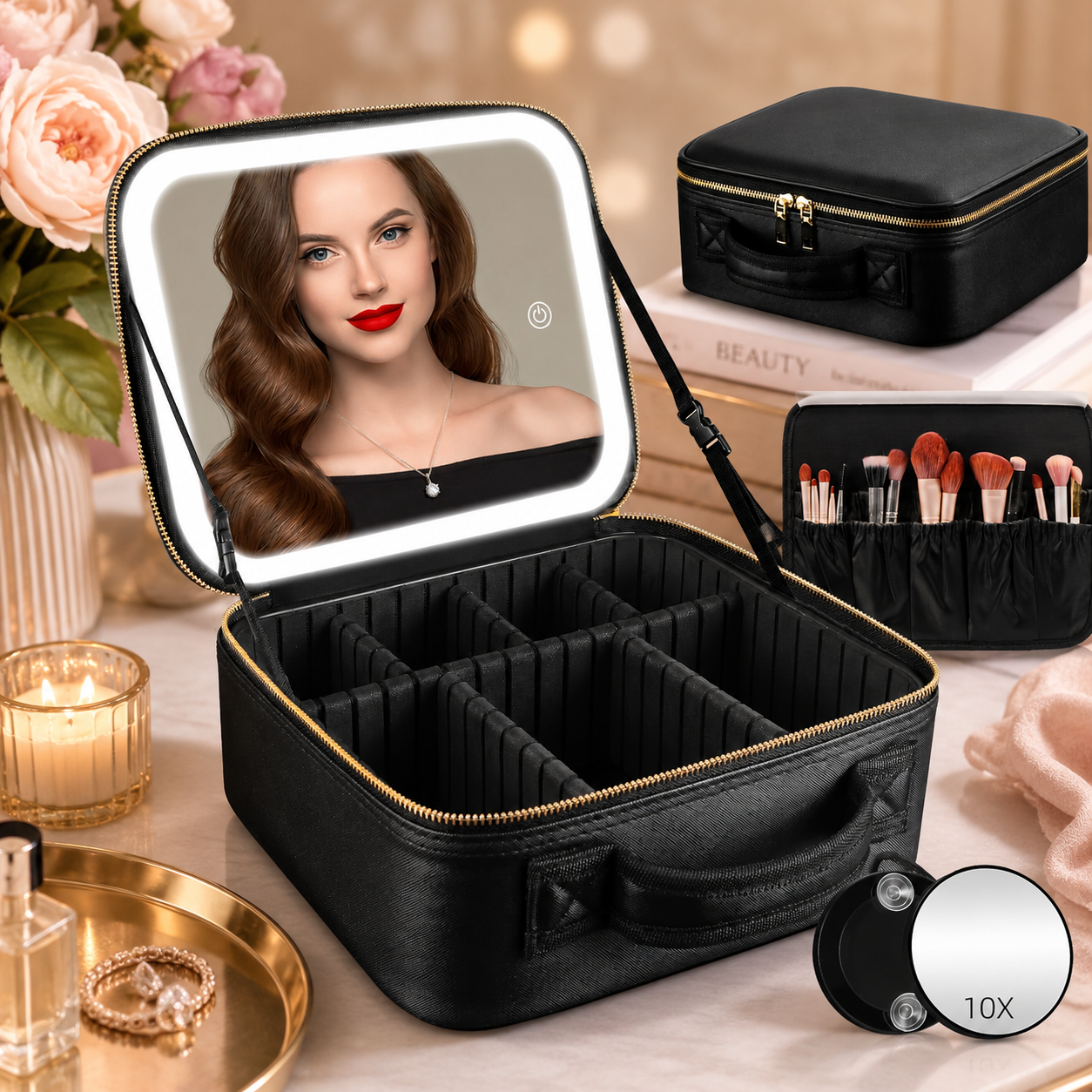 A black makeup organizer box with clear compartments on a vanity table. The mirror is illuminated and shows a woman with long, wavy brown hair and red lipstick. Surrounding items include makeup brushes, a candle, jewelry, and perfume bottles.