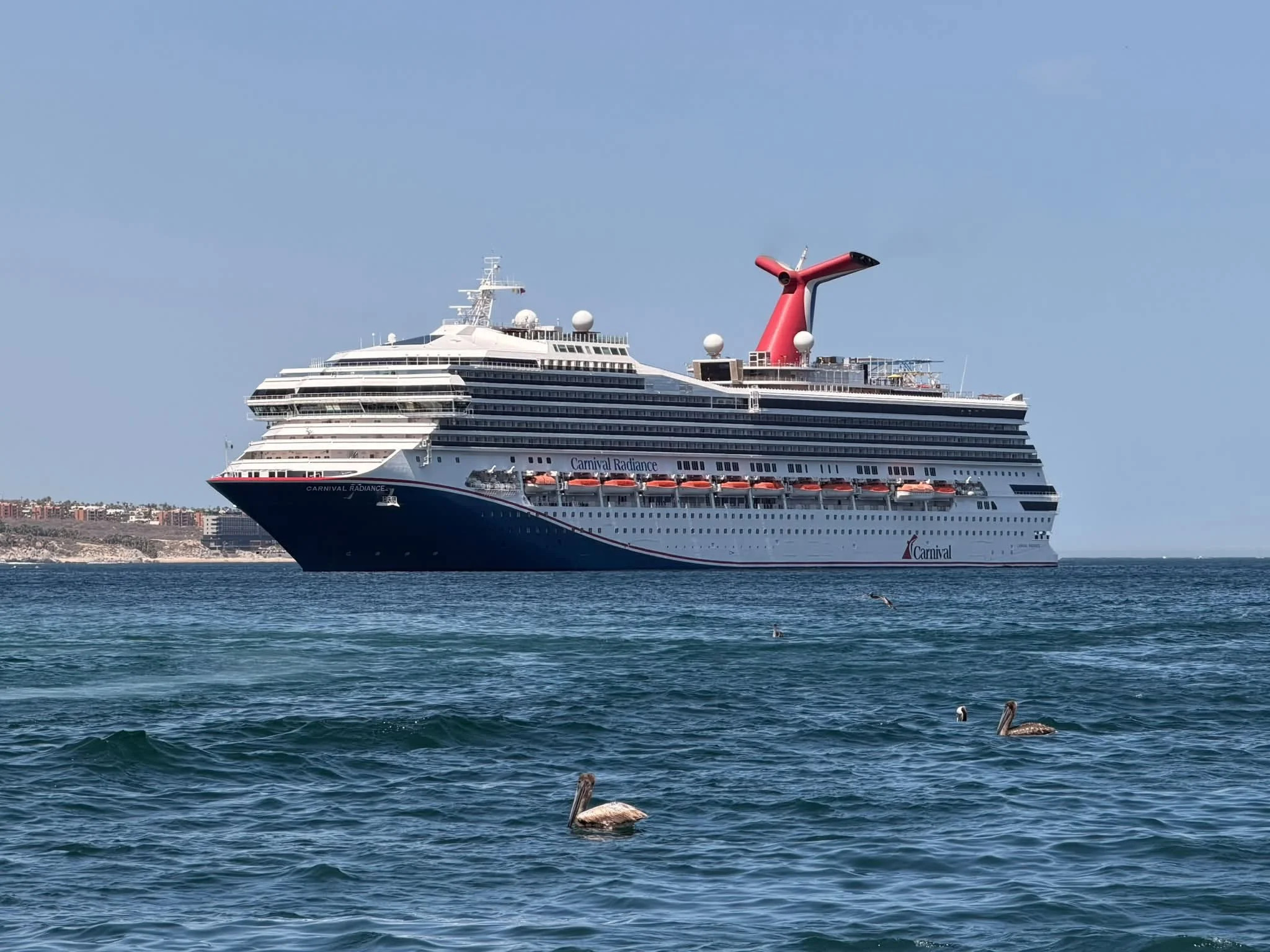 A large cruise ship named Carnival Radiance sailing in the ocean, with clear blue sky and a distant shoreline.