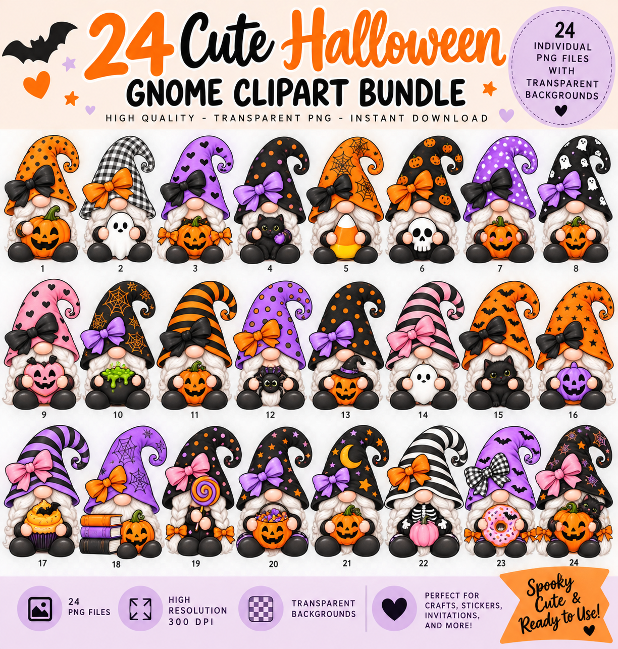 24 Cute Halloween Gnome Clipart PNG Bundle 🎃👻