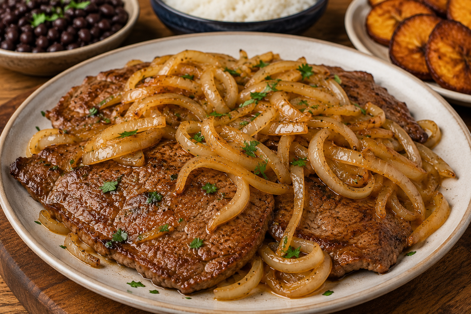 Bistec de Palomilla con Cebolla. Cuban-Style Steak with Onions