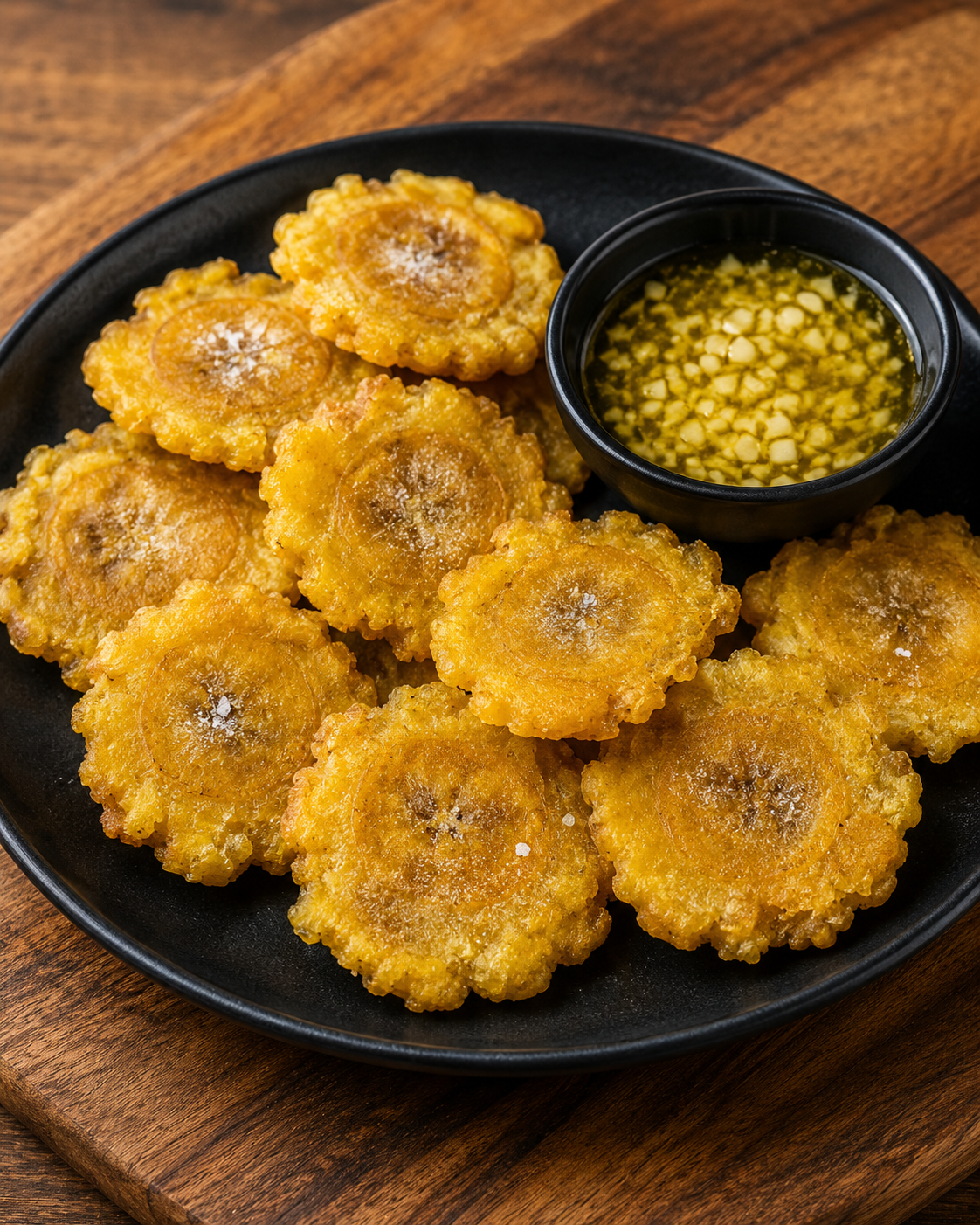 Tostones con Mojo. Green Plantains with Garlic Mojo