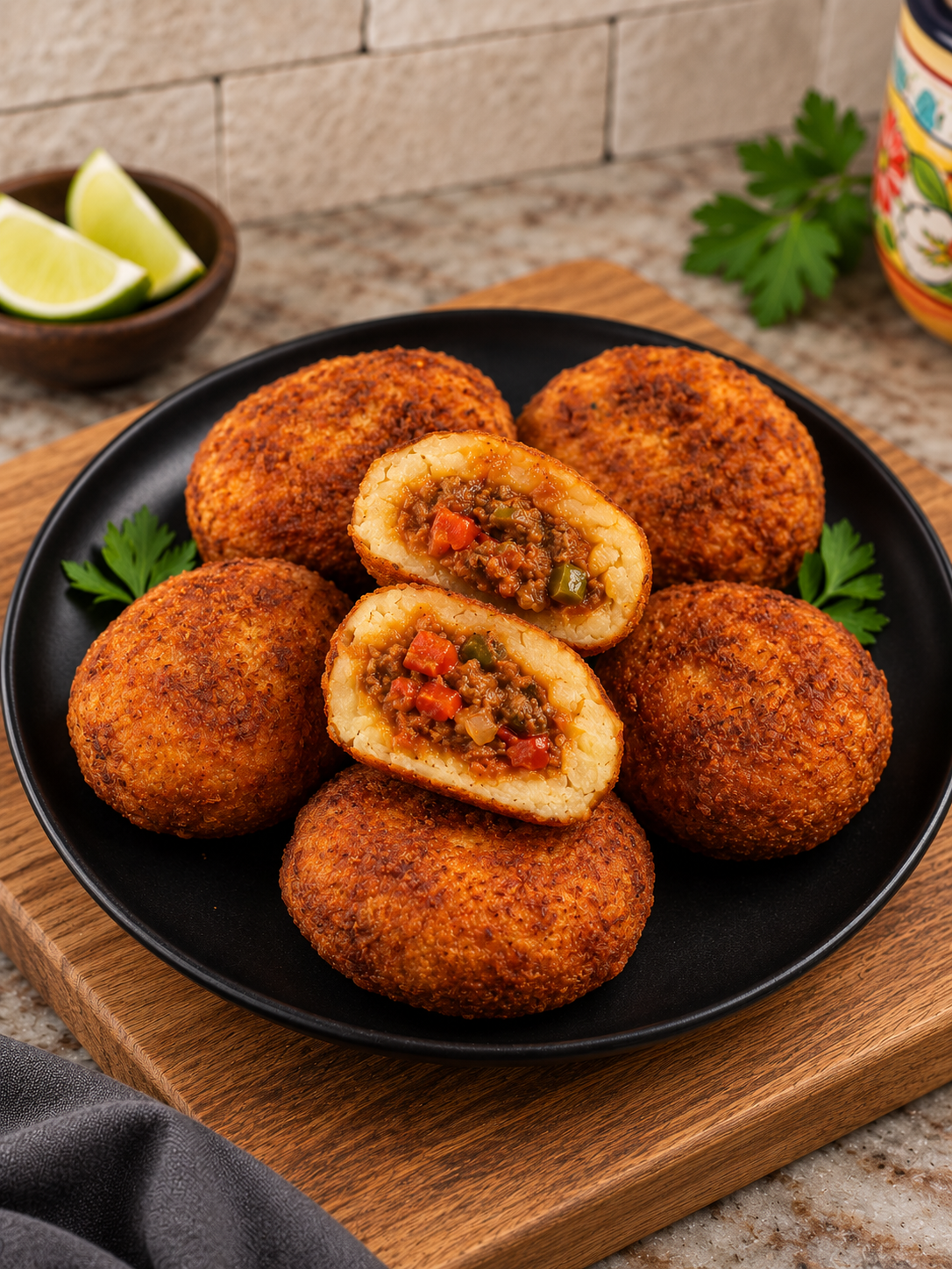 Papas Rellenas. Cuban Stuffed Potato Balls with Beef Picadillo