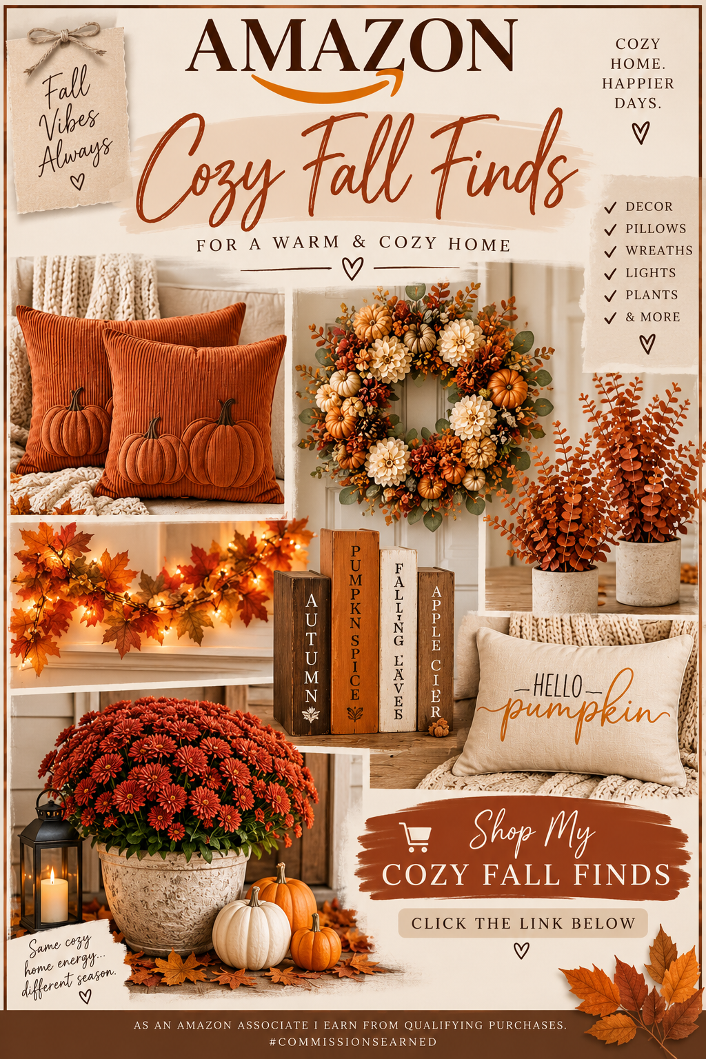 Decorative fall-themed home decor featuring pumpkins, autumn leaves, a wreath, pillows, and string lights, with text promoting cozy fall home finds on Amazon.