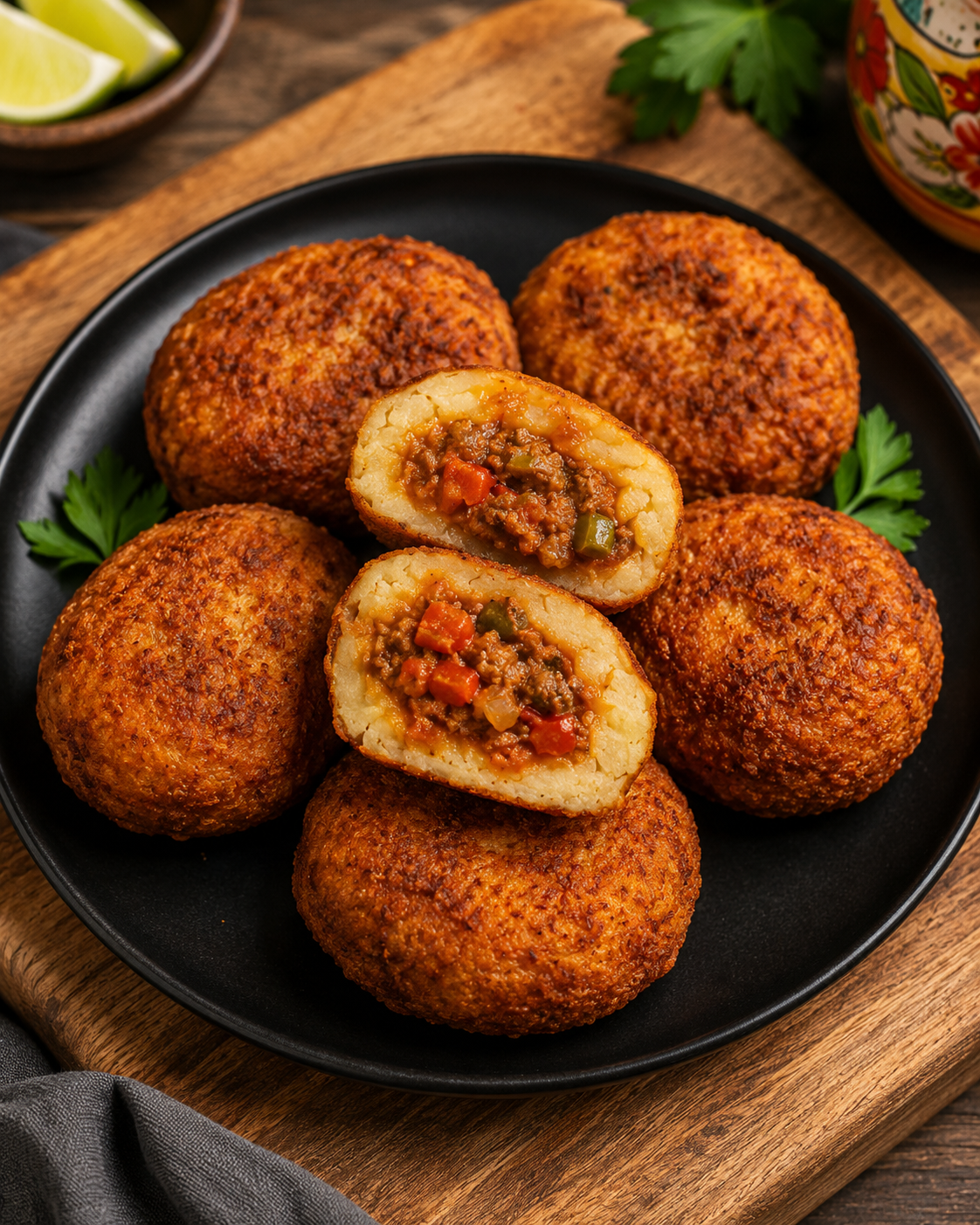 Close-up of five baked meatloaf balls on a black plate, two of which are cut in half to reveal a filling of ground meat, diced vegetables, and potatoes inside.