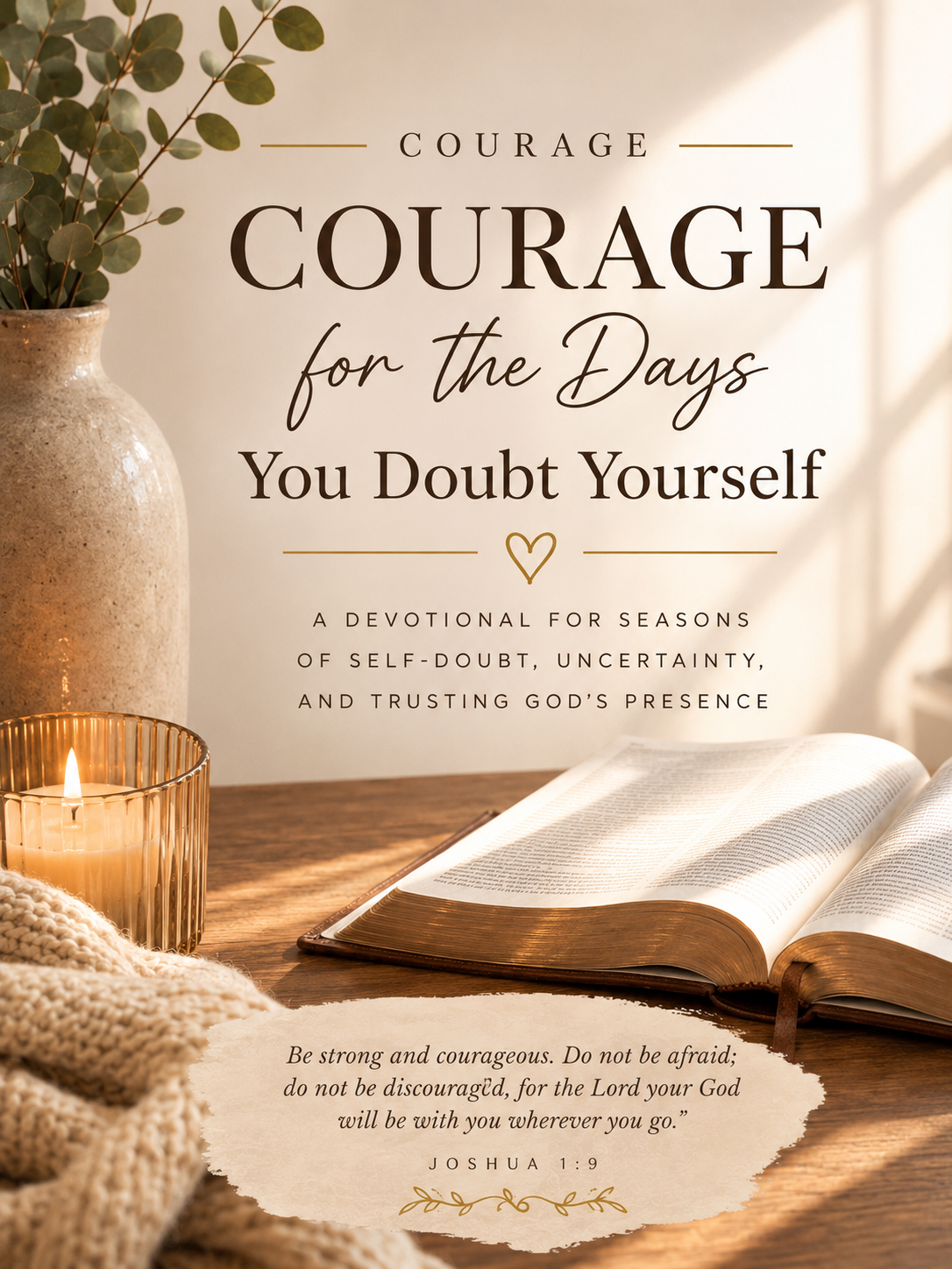 A devotional book cover titled 'Courage for the Days You Doubt Yourself' with a candle, open Bible, and a potted plant on a wooden surface, with sunlight streaming in.