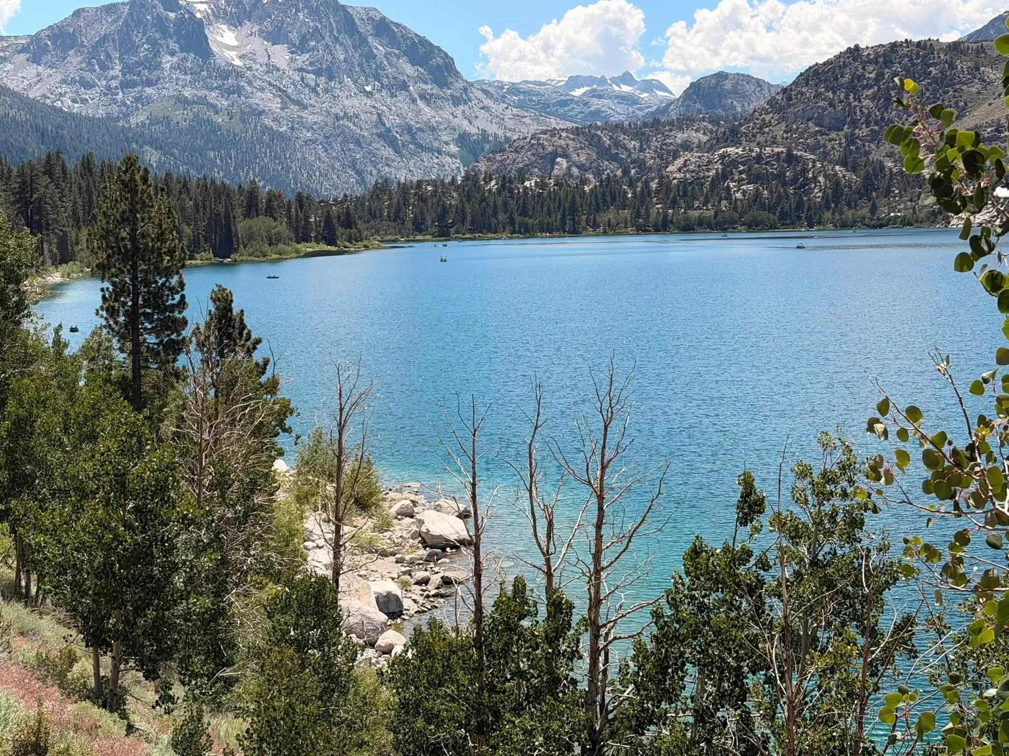 A scenic view of a lake surrounded by trees and rocky shorelines, with tall mountains in the background under a partly cloudy sky.